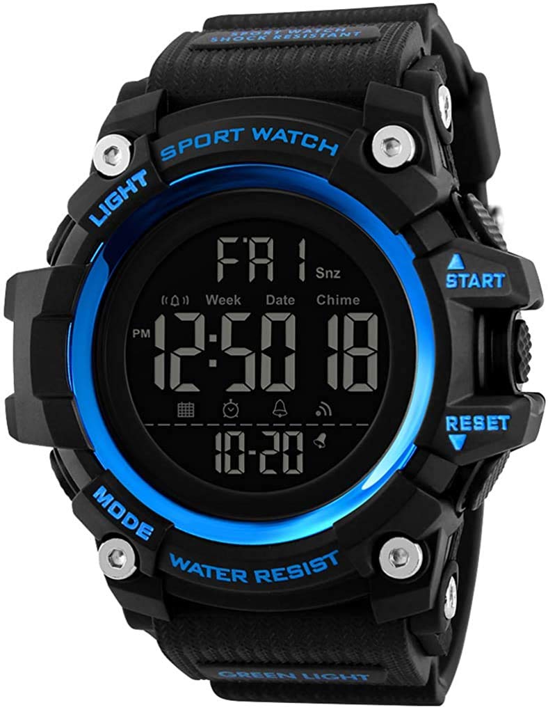 Men's Digital Watch with Big Dial & LED Backlight - Sporty Resin Strap for Outdoor Activities (Blue)