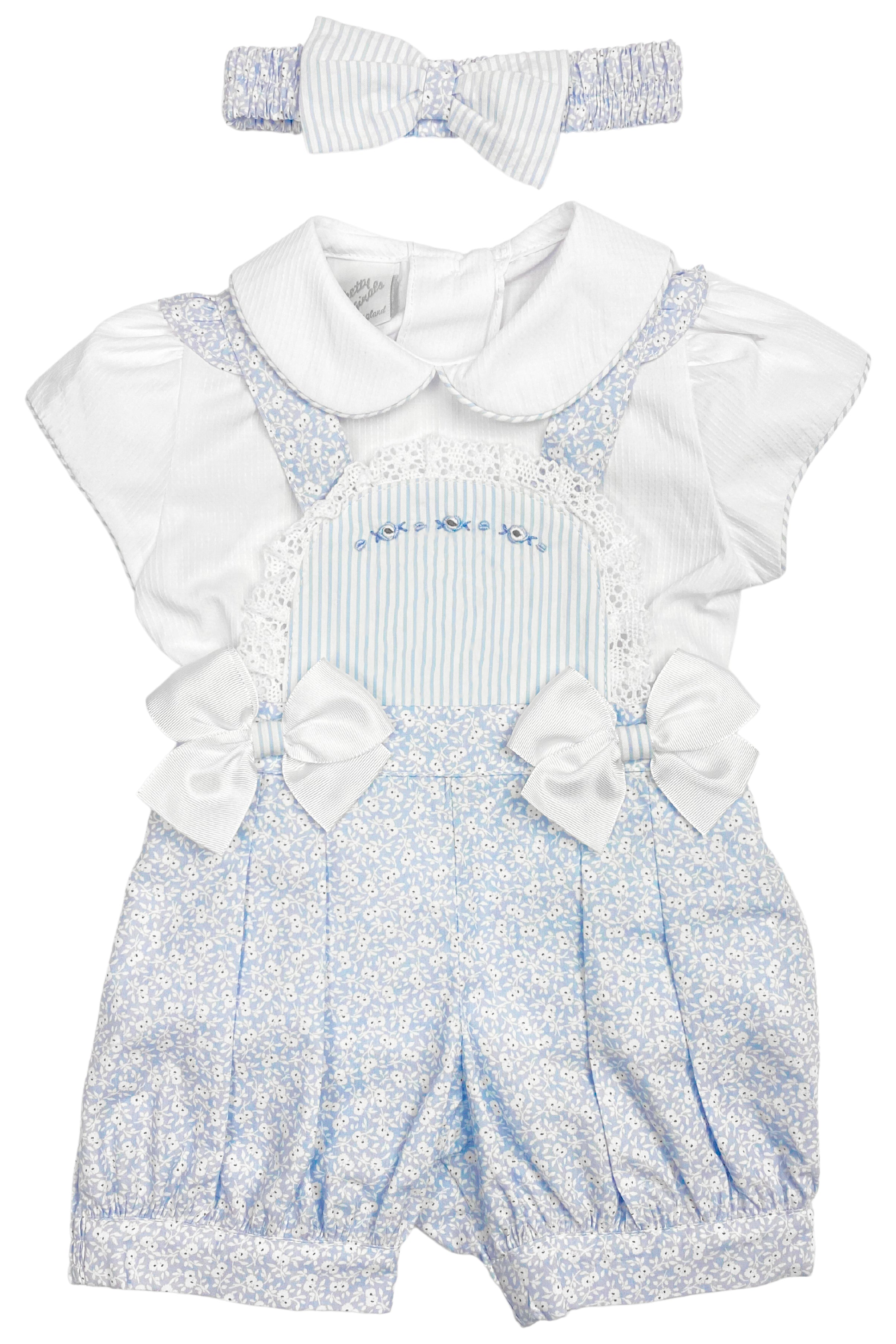 Thalia Blue Floral Blouse, Dungaree & Headband Set - Women's Vintage Style Outfit for Casual Wear, Spring Fashion & Boho Photoshoots