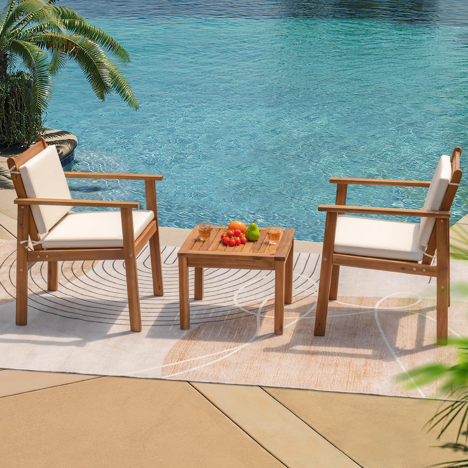 Greesum 3-Piece Outdoor Patio Furniture Set - Acacia Wood Bistro Sofa with 2 Chairs & Coffee Table, Includes Cushions - Perfect for Garden, Backyard, Poolside, Deck or Patio - White Weather-Resistant Conversation Set