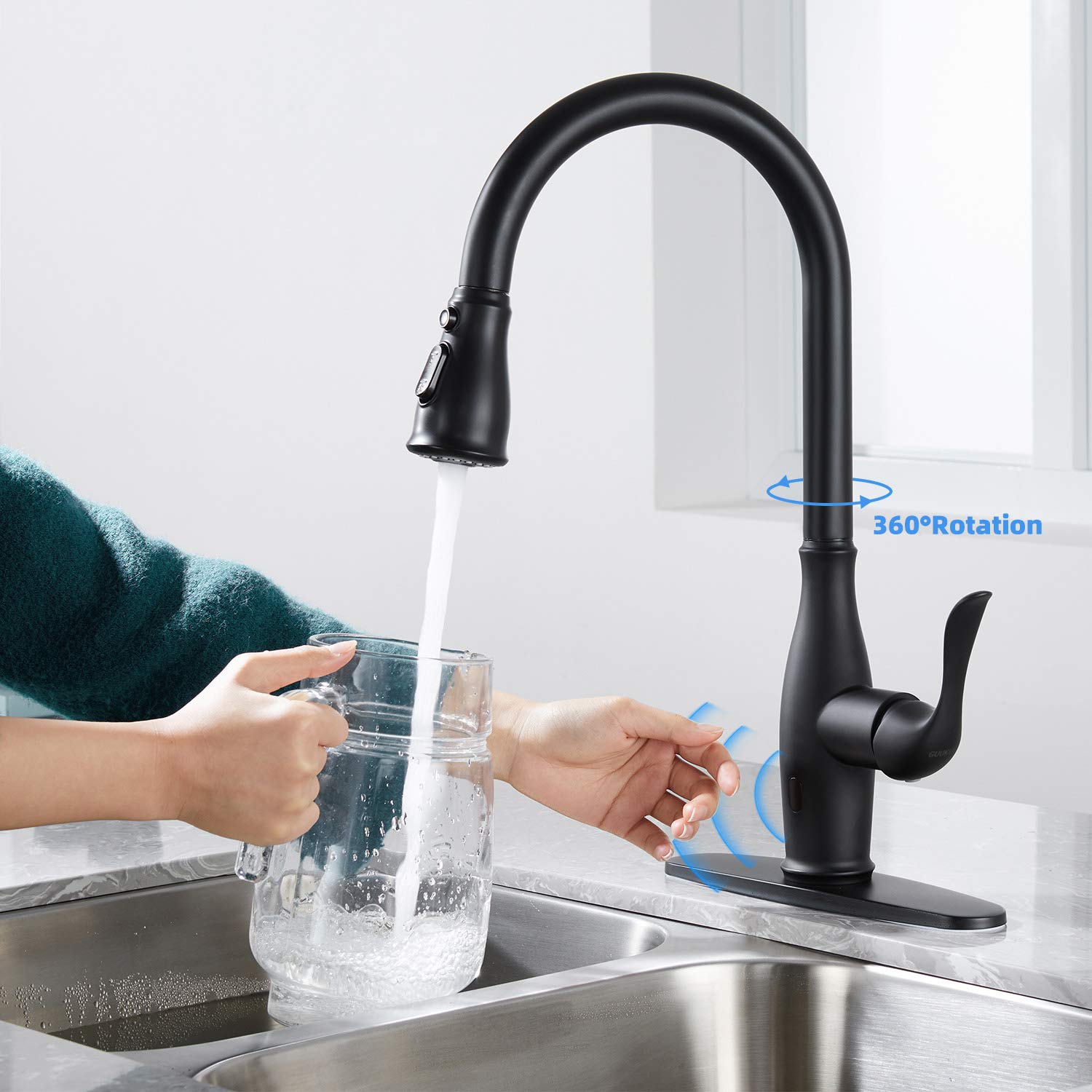 Touchless Kitchen Faucet with Pull Down Sprayer - Motion Sensor Single Handle High Arc Faucet, 360° Swivel & 3 Spray Modes, Matte Black Stainless Steel for Modern Kitchen, Perfect for Cooking, Washing Dishes and Hands-Free Cleaning