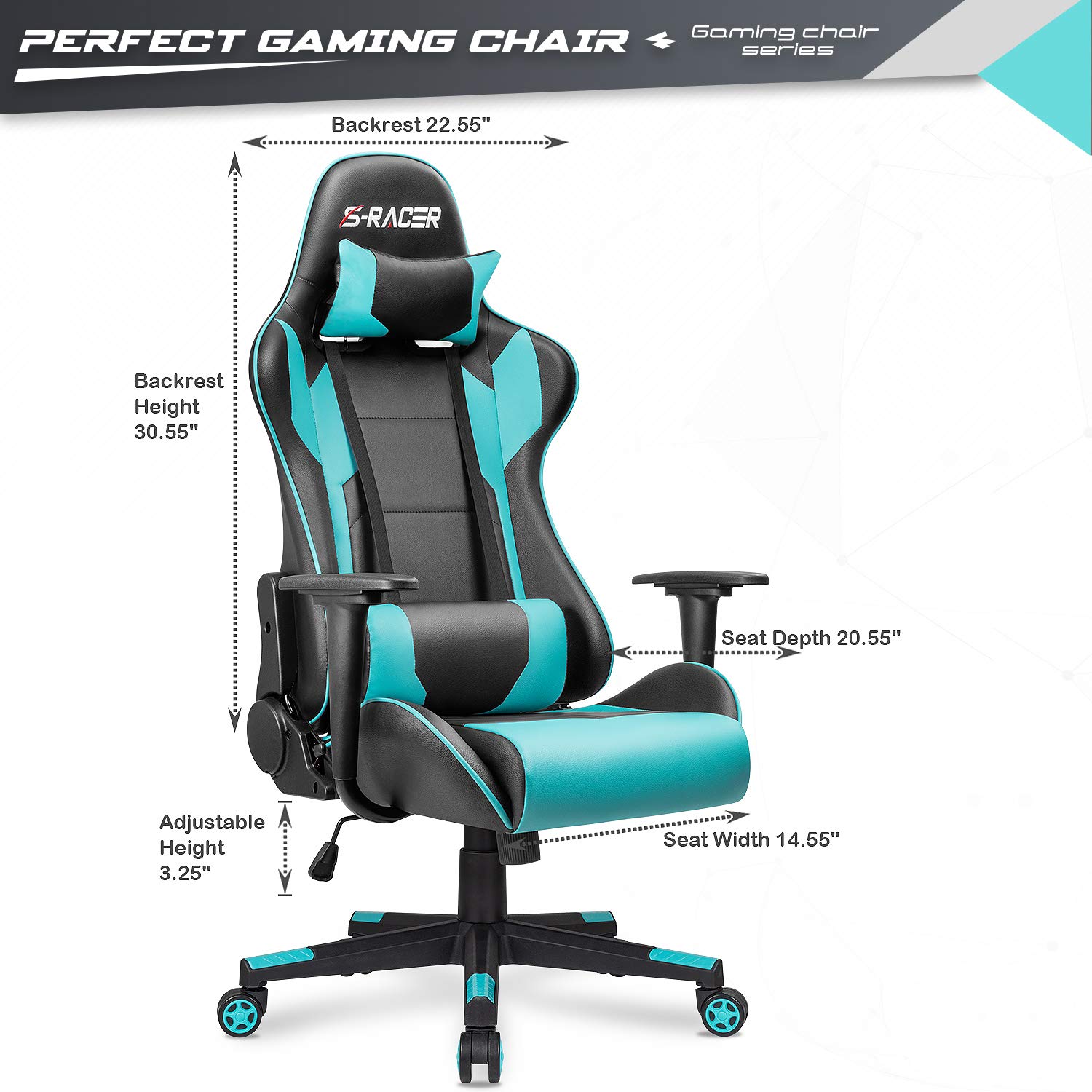 **Furniwell Ergonomic Gaming Chair - High Back PU Leather Office Chair with Adjustable Headrest & Lumbar Support, Swivel Computer Desk Chair for Home & Office Use (Cyan) - Perfect for Gaming, Working & Studying**
