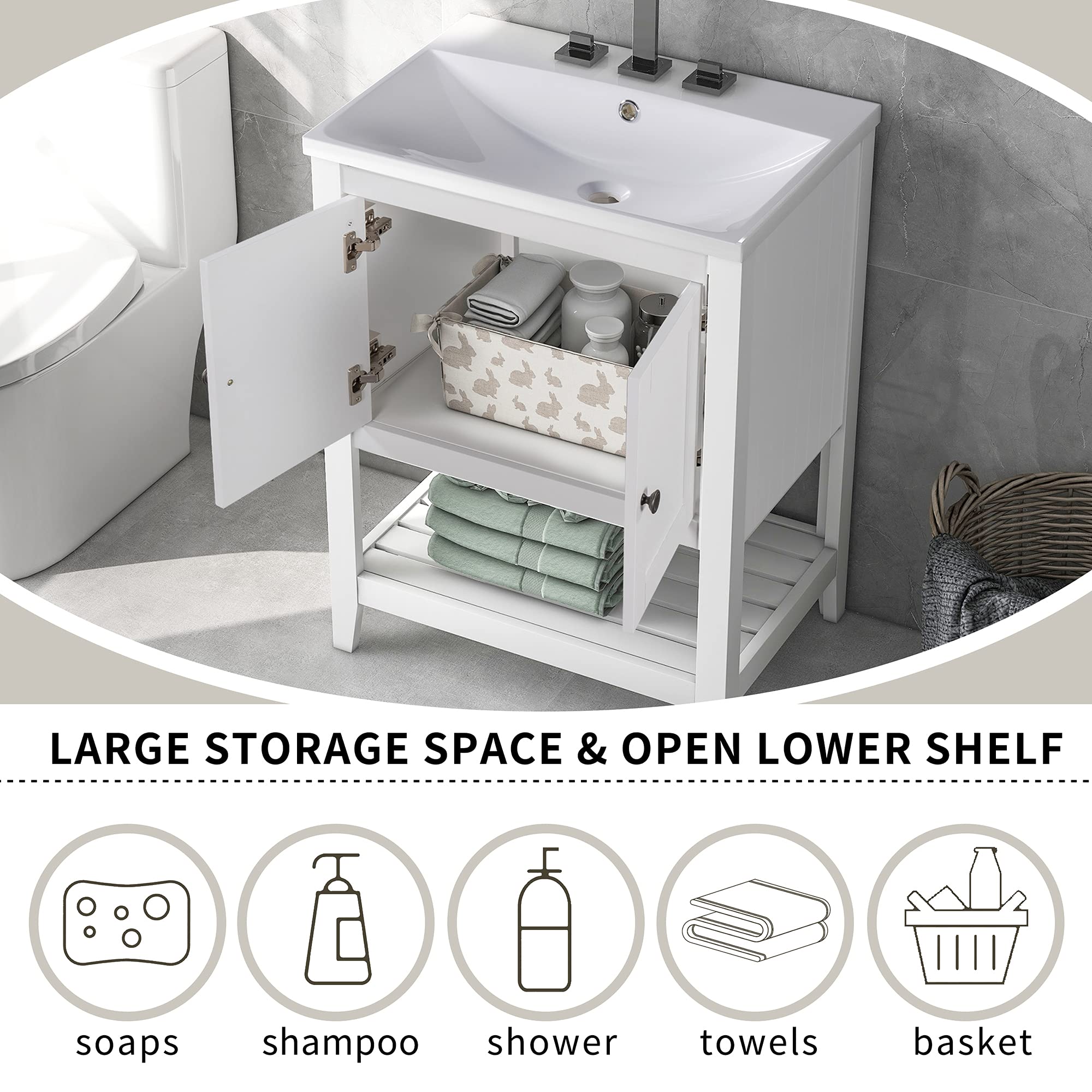Modern White Bathroom Vanity with Ceramic Sink & Solid Wood Frame - Open Shelf Design for Small Bathrooms, Powder Rooms & Guest Baths - Perfect for Contemporary Home Decor & Space-Saving Storage Solutions