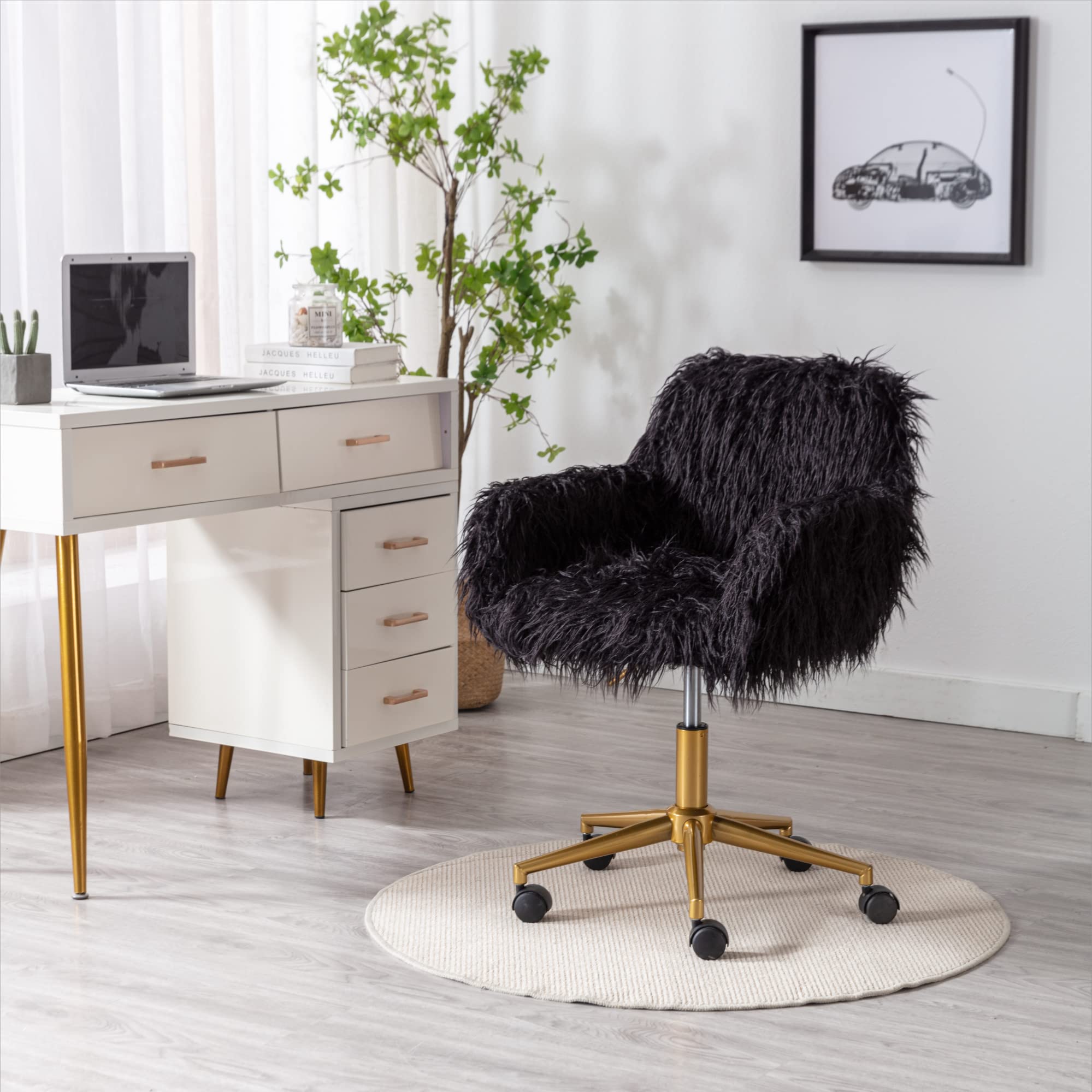 Fluffy Faux Fur Desk Chair - Adjustable Swivel Computer Chair with Wheels, Height Adjustable Pink Vanity Chair for Makeup Room, Teen Girls Bedroom & Home Office - Perfect for Gaming, Studying & Working (Black)