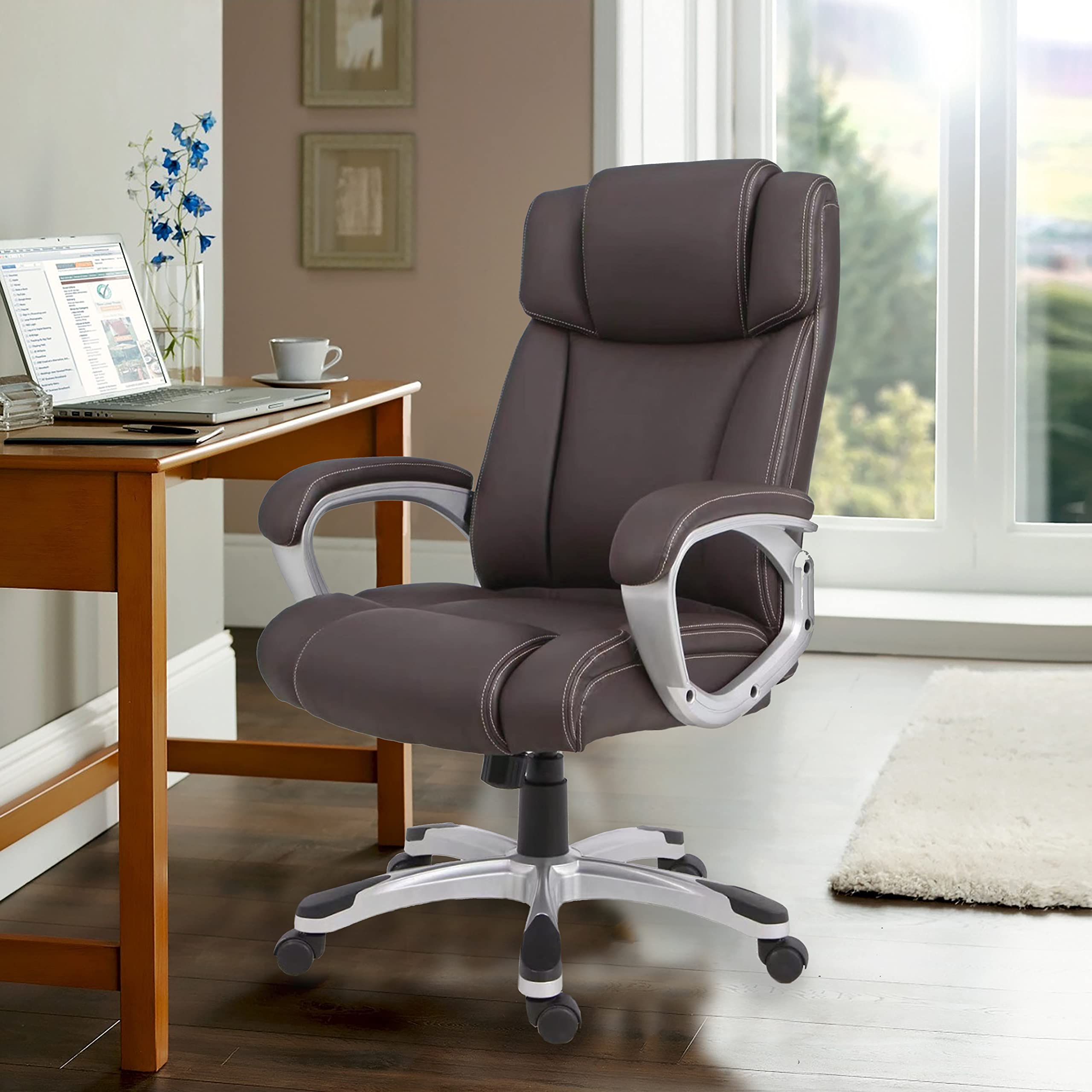 Ergonomic Massage Executive Office Chair with Lumbar Support - Adjustable Height & Reclining - Brown Leather - Perfect for Home Office, Gaming & Workspaces