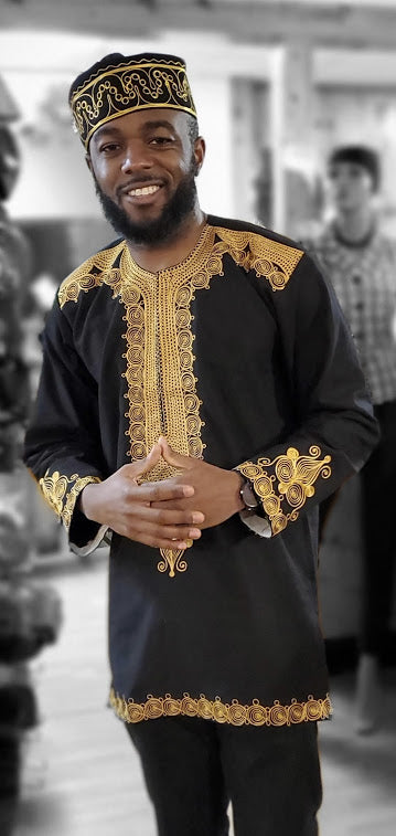 Kwamiro Black and Gold African Embroidered Shirt DP3939M - Stylish African Print Shirt for Men, Cultural Heritage Fashion, Perfect for Weddings, Parties and Special Occasions