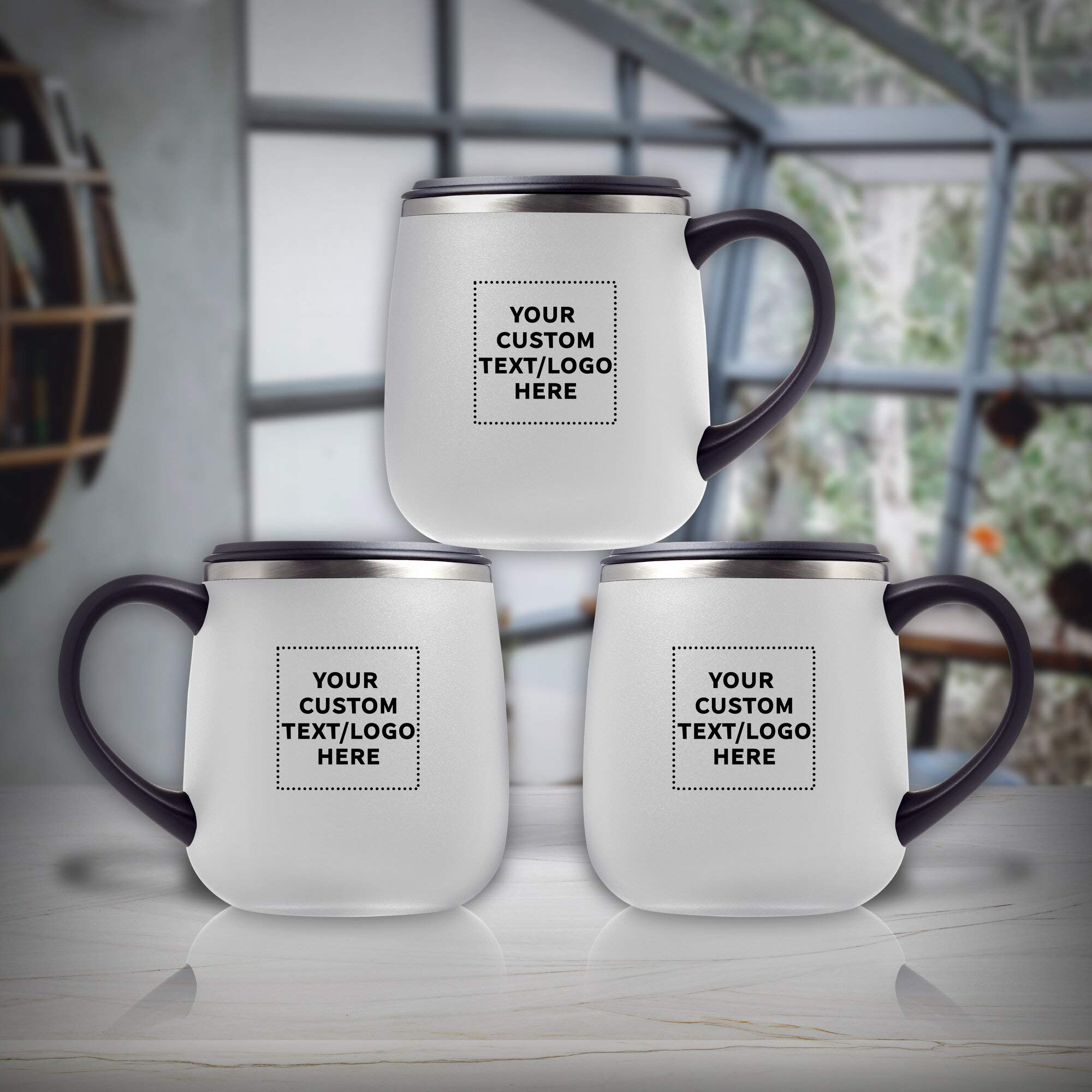 Custom 11 oz. Stainless Steel Coffee Mugs with Lid - 12 Pack Personalized Text/Logo - White - Perfect for Office Gifts, Corporate Events & Promotional Branding