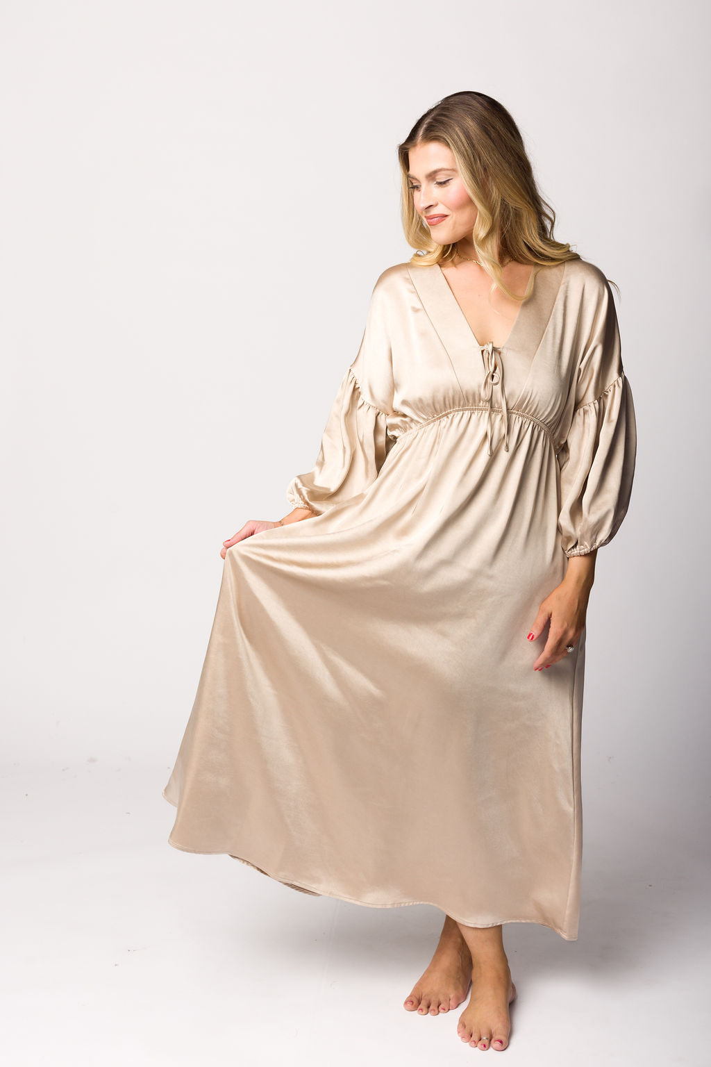 Hunter Premium Satin Midi Dress in Champagne - Bump Friendly Maternity Dress for Special Occasions & Pregnancy Photoshoots