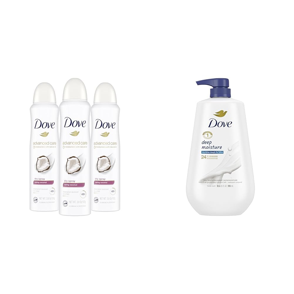 Dove Advanced Care Dry Spray Antiperspirant Deodorant - Caring Coconut Scent (3-Pack) & Dove Deep Moisture Body Wash with Pump - Hydrating Skin Cleanser for Dry Skin | On-The-Go Protection & Daily Shower Routine