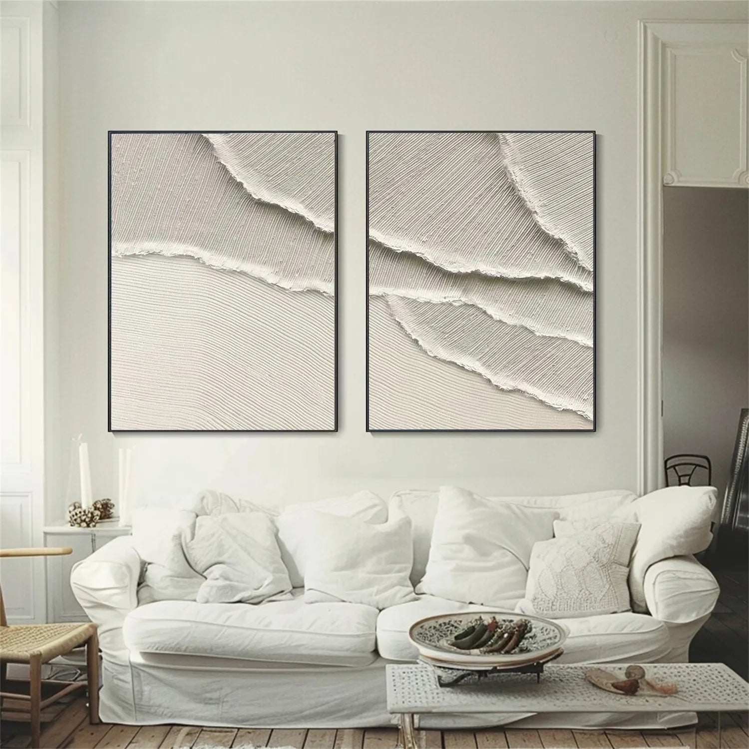 White Minimalist Textured Painting Canvas Set of 2 - Modern Abstract Wall Art for Living Room & Bedroom Decor #MM292