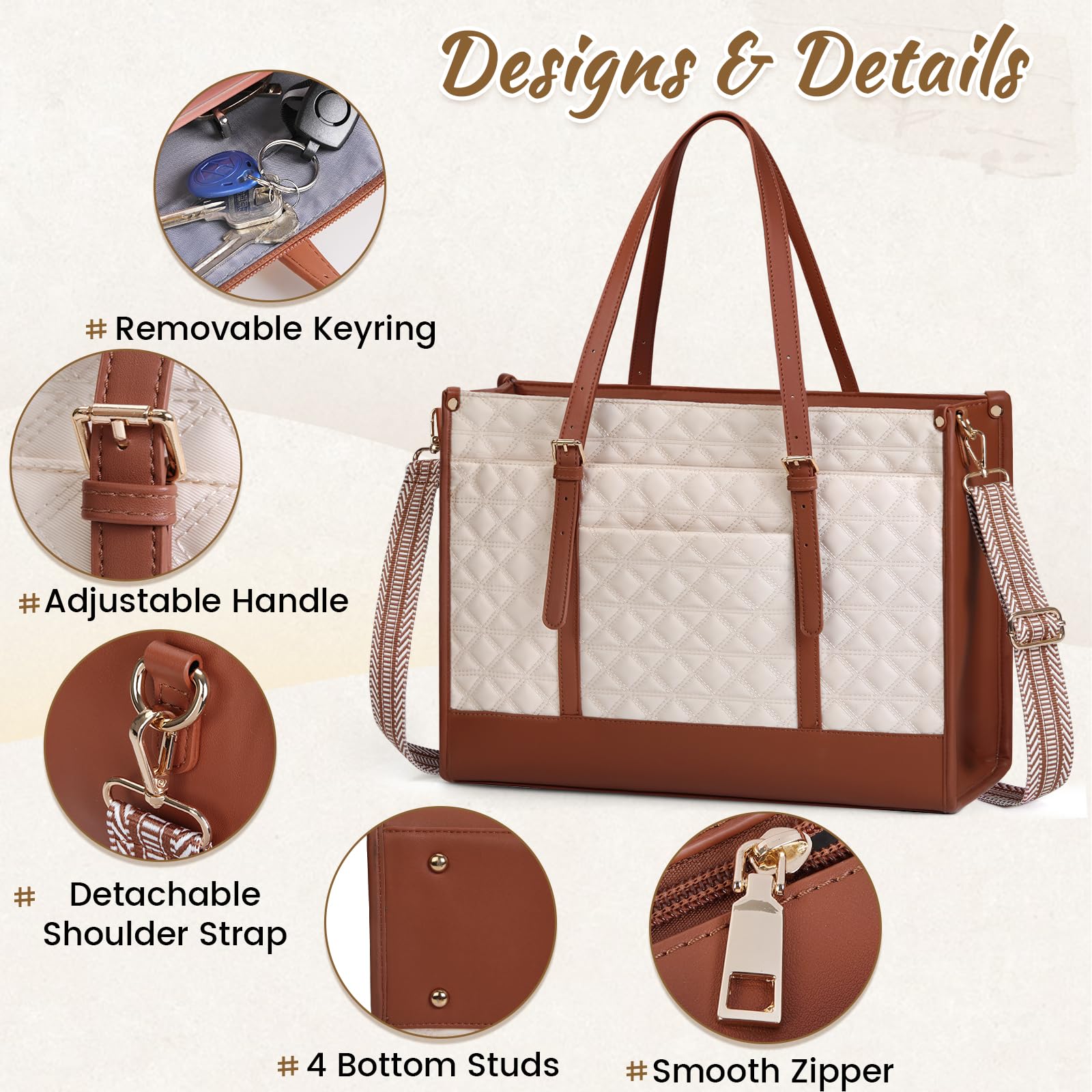 IGOLUMON Vegan Leather Laptop Bag for Women 15.6 Inch - Quilted Business Tote Briefcase for Work, Travel & Office - Stylish Computer Bag with Purse (Beige & Brown) - Perfect for Professionals, Teachers & Designers