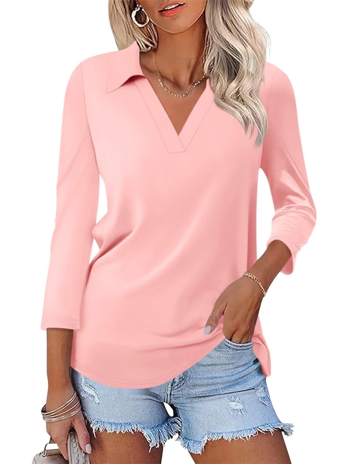 ORANDESIGNE Women's 3/4 Sleeve V-Neck Polo Shirt - Casual Summer Tops with Collar, Cute Basic Tee for Work, Golf, and Everyday Wear