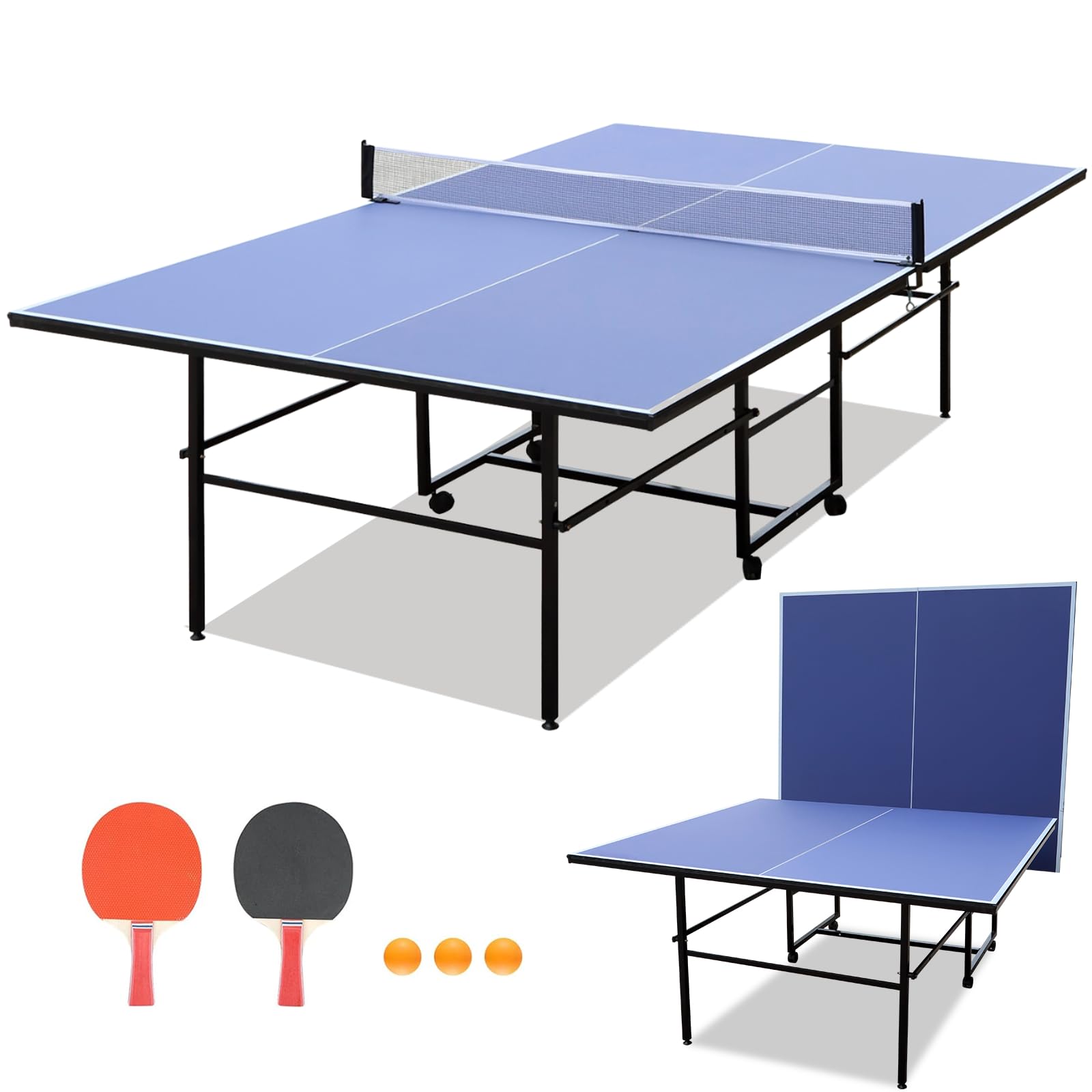 Portable Foldable Ping Pong Table Set with Net, 2 Paddles & 3 Balls - Weatherproof Indoor Outdoor Table Tennis for Backyard, Garage & Game Room Fun