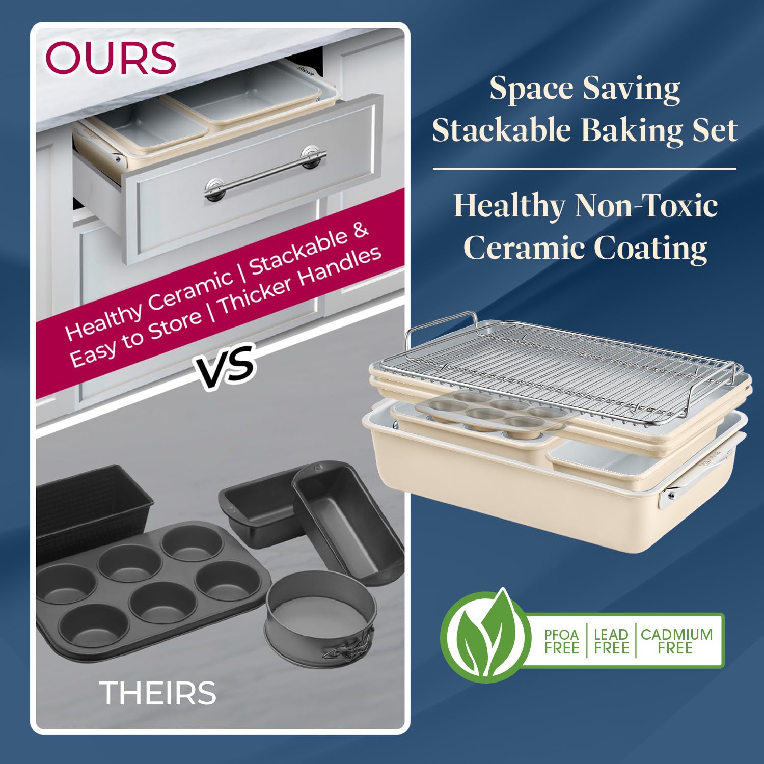 Bakken 8-Piece Stackable Bakeware Set - Non-Stick Ceramic Baking Sheets & Pans, PTFE/PFOA/PFOS Free - Oven Safe, Ergonomic Handles with Cooling Rack for Healthy Baking - Perfect for Cookies, Cakes, Bread & Party Desserts