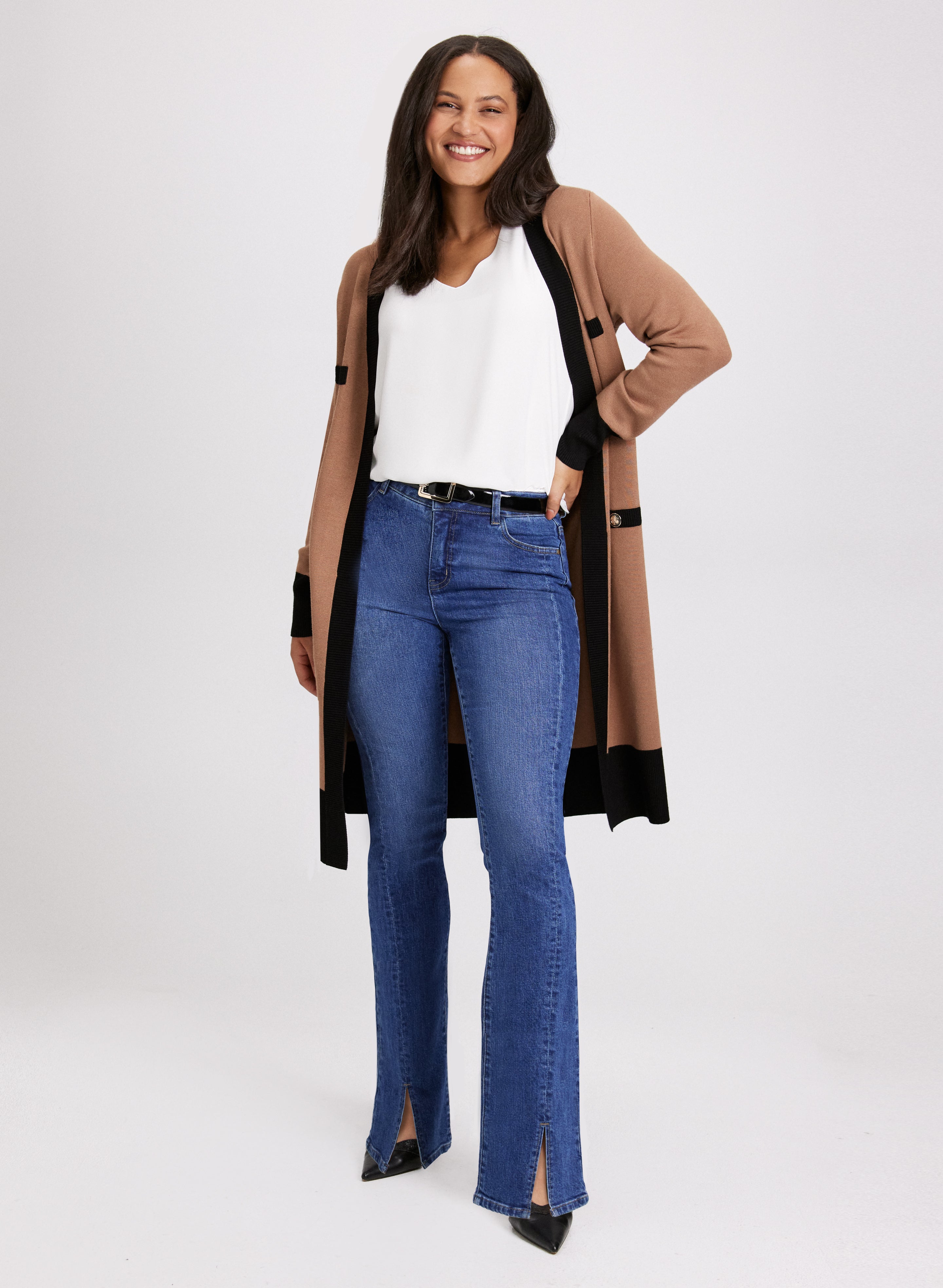 Color Block Knit Cardigan & High Waist Flared Jeans with Slit - Women's Casual Outfit for Fall Fashion and Streetwear Looks