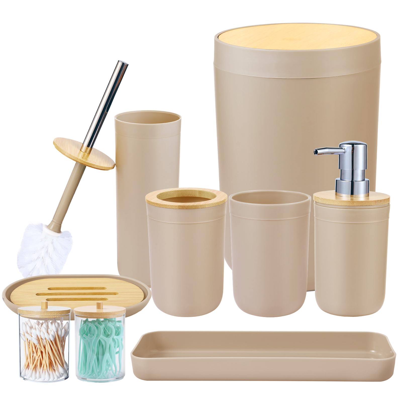 iMucci 9-Piece Bathroom Accessories Set - Wooden Lid Trash Can, Toothbrush Holder, Soap Dispenser, Tumbler Cup & Lotion Bottle (Beige) | Modern Vanity Organizer for Bathroom Countertop Decor