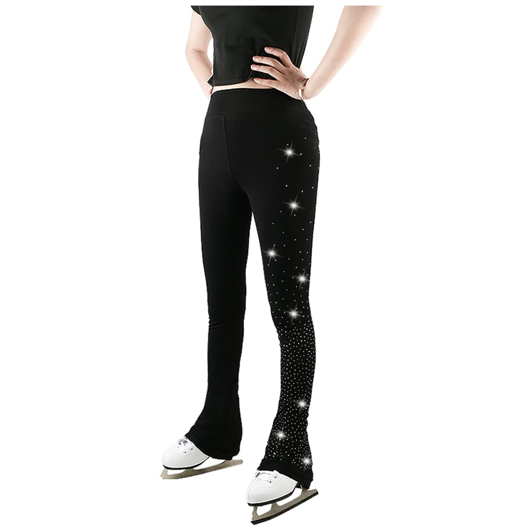 COYI Women's Figure Skating Practice Pants - Rhinestone Embellished Stretch Tights for Girls & Adults (Black, XL) | Perfect for Ice Skating Training & Performance