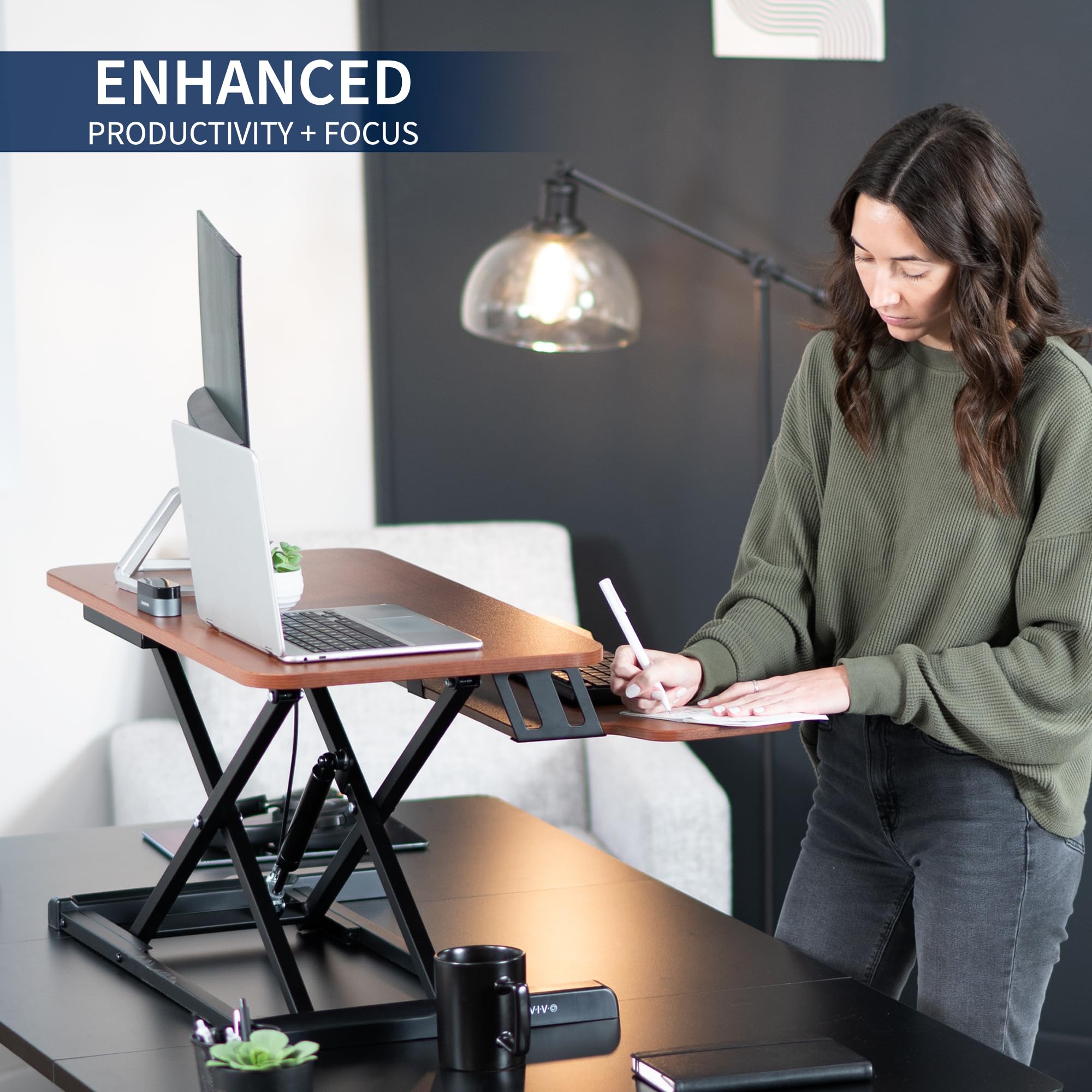 VIVO 32 Inch Height Adjustable Standing Desk Converter - K Series Sit Stand Riser with Wide Keyboard Tray, Dark Walnut Top & Black Frame - Dual Monitor & Laptop Workstation for Home Office & Gaming Setup