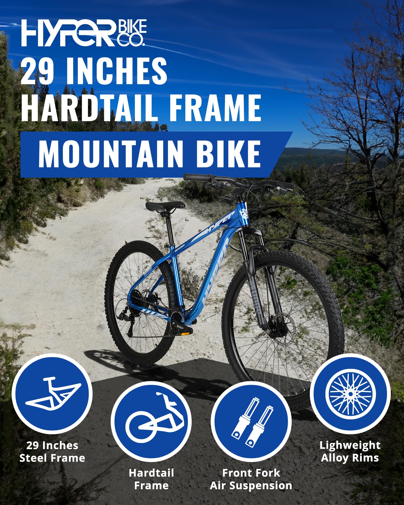 **29 Inch Hyper Mountain Bike for Men & Women - Lightweight Aluminum Hardtail Frame, Shimano 9-Speed Shifters - Perfect for Trail Riding & Outdoor Adventures (Blue)**