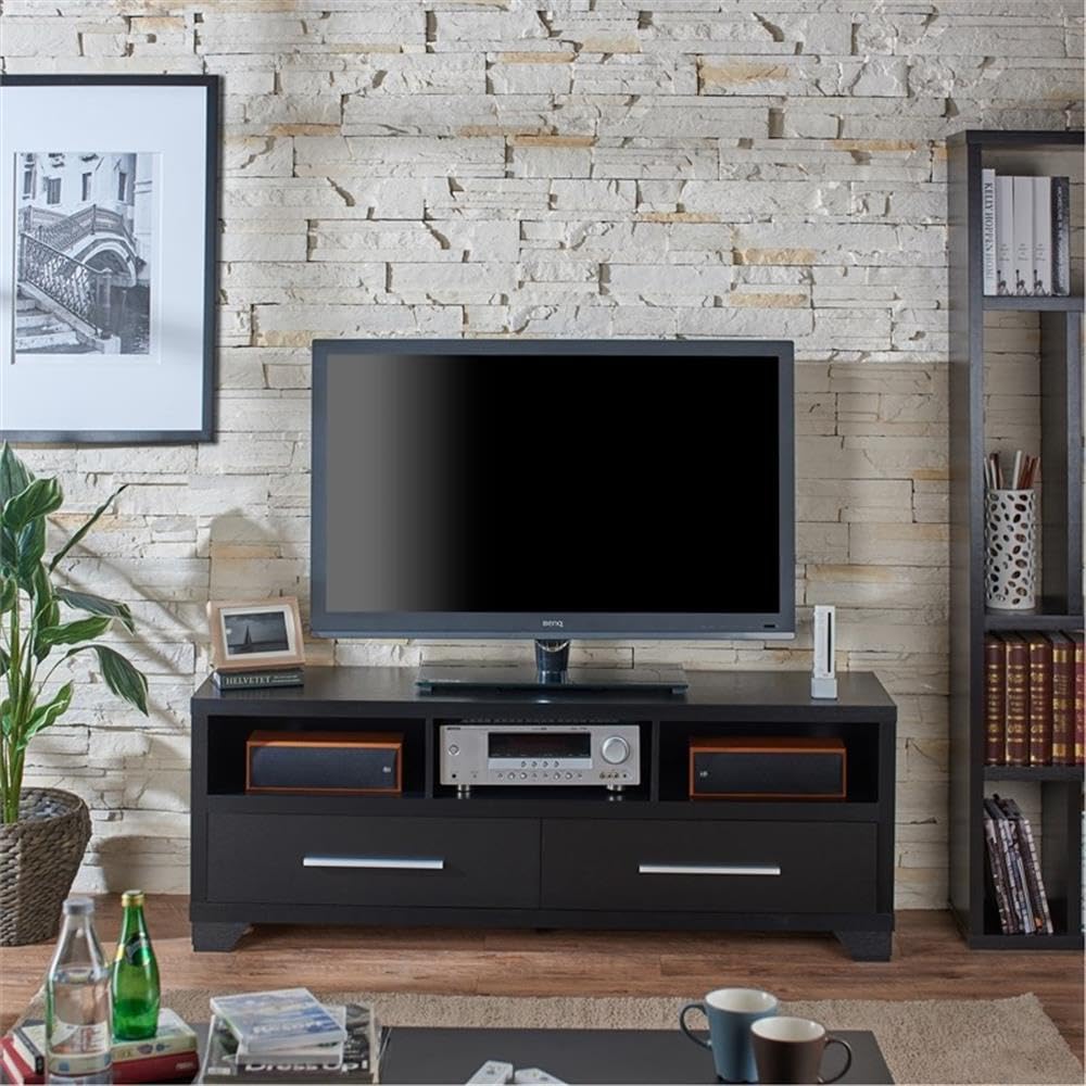 Furniture of America Porcardo 60-Inch Black Wood TV Stand with 2 Drawers - Perfect for Living Room, Bedroom & Home Entertainment Storage