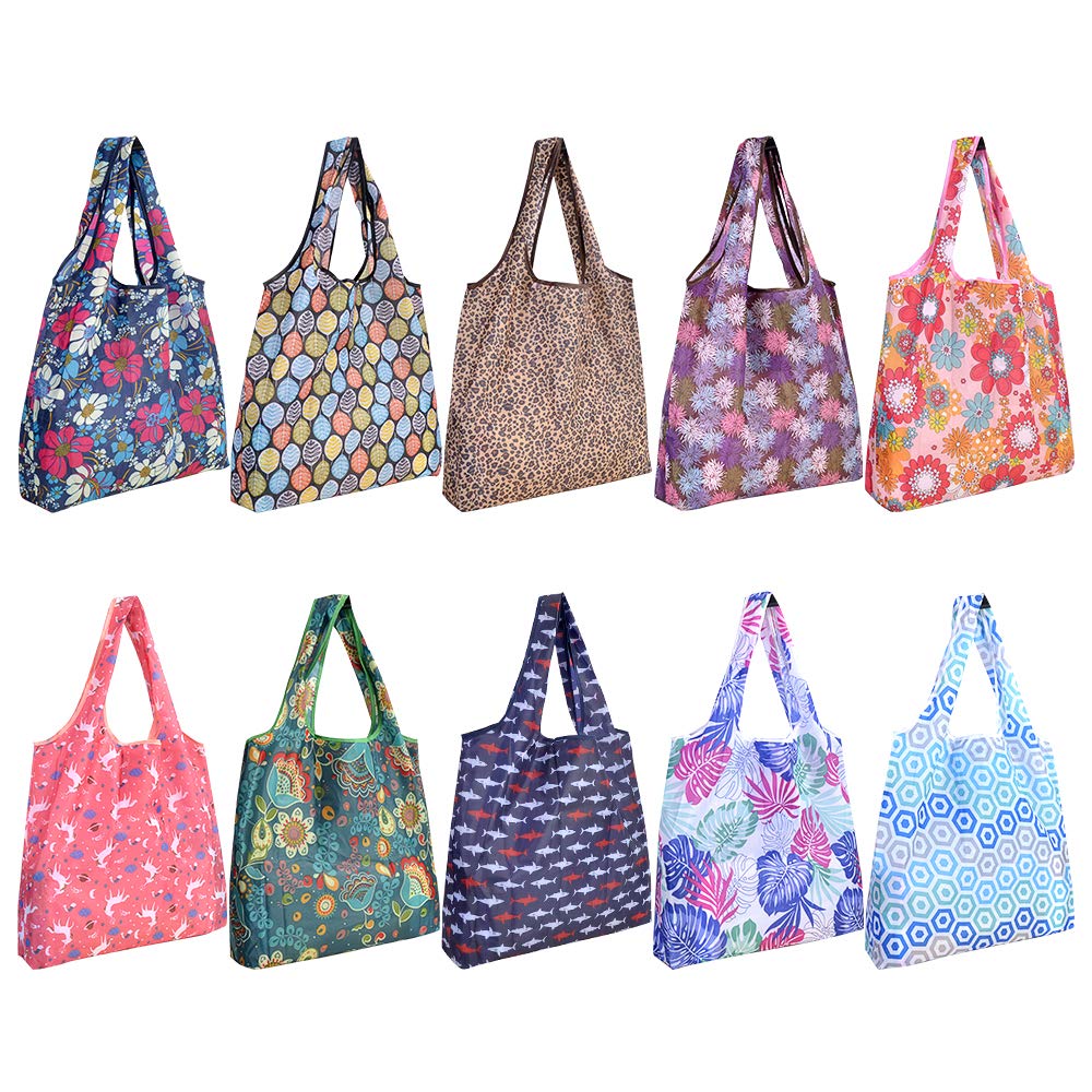 10 Pack Reusable Foldable Grocery Shopping Bags with Attached Pouch - Eco-Friendly & Machine Washable Tote Bags for Supermarket, Farmers Market & Travel