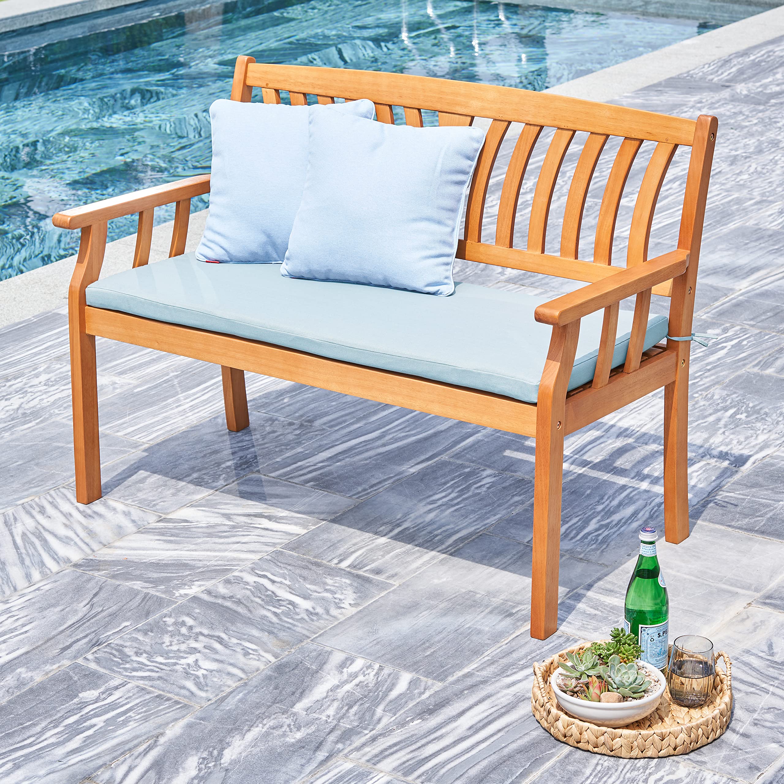 VIFAH V1963 4ft Outdoor Wooden Bench - Natural Eucalyptus Wood Patio Love Seat with Armrests & Backrest - Perfect for 2-Person Seating in Garden, Backyard, Poolside, Deck or Outdoor Living Spaces