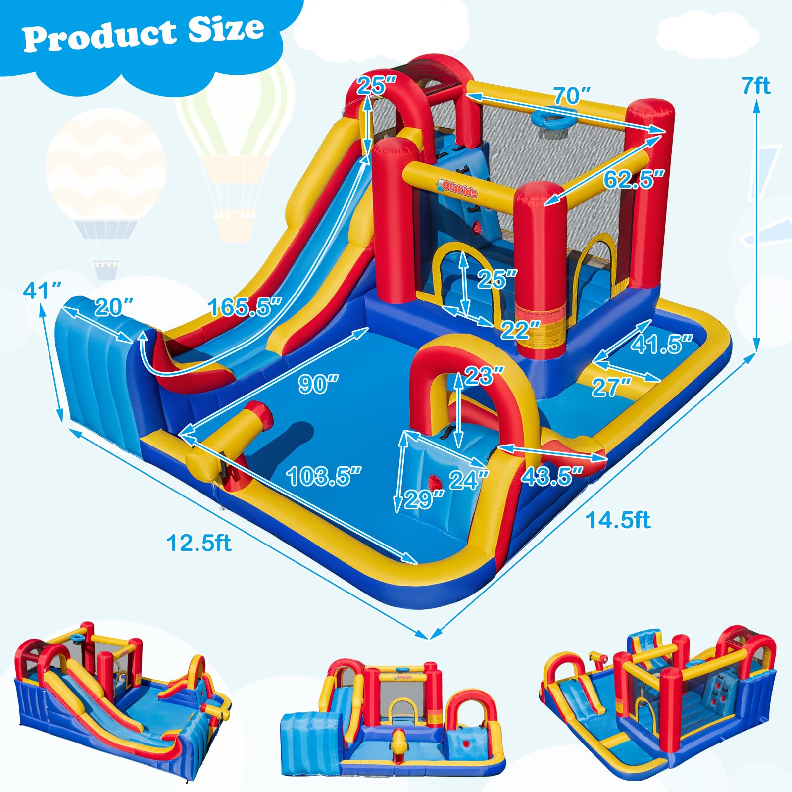 **OLAKIDS Inflatable Water Slide - 8-in-1 Bounce House Water Park with 2 Slides, Splash Pools, Climbing Wall, Water Gun & Basketball Rim | Outdoor Inflatable Obstacle Course for Kids | Perfect for Backyard Parties, Summer Fun & Outdoor Play**