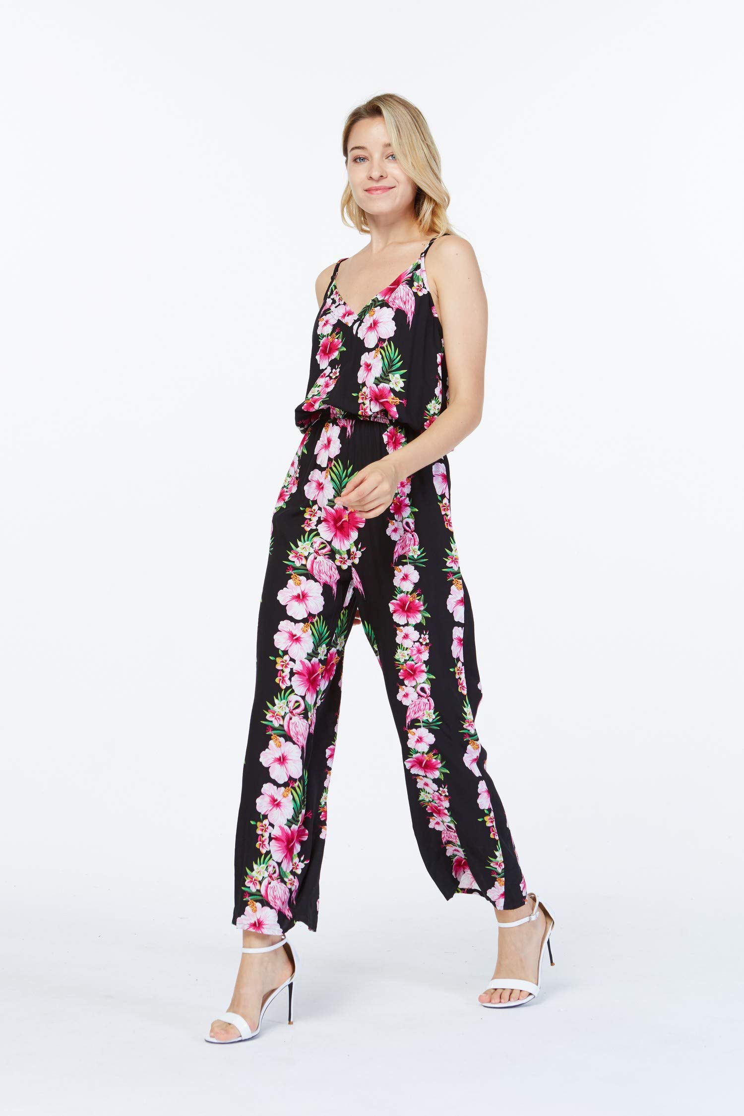 Women's Pink Hibiscus Vine Hawaiian Strap V Jumpsuit with Pockets - Beach Vacation, Summer Outfit, Tropical Party Wear