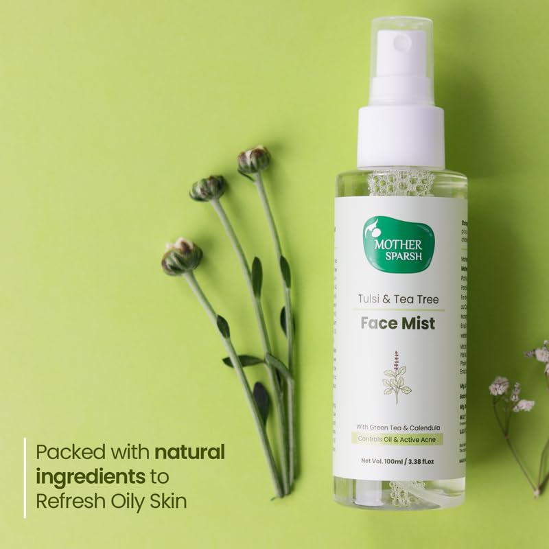 Mother Sparsh Tulsi & Tea Tree Face Mist | Alcohol-Free Toner with Green Tea & Calendula for Sensitive Skin | Pore Minimizer & Skin Soother | Lightweight Non-Sticky Formula | 100ml | Perfect for Daily Skincare, Post-Workout Refresh & Travel Essentials