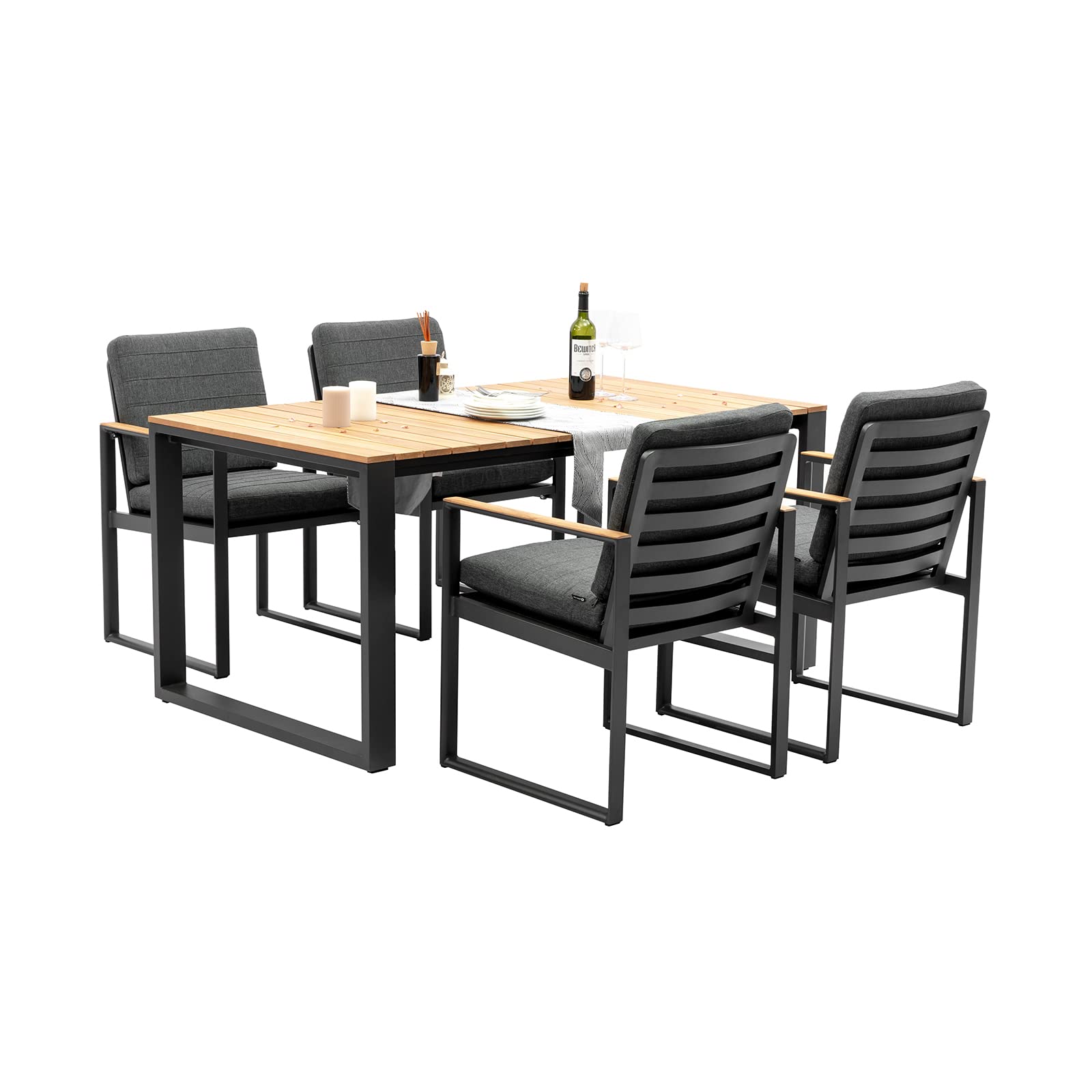 5-Piece Outdoor Dining Set for 4 - Aluminum Patio Table with Teak Tabletop & 4 Armrest Chairs - Grey Frame - Perfect for Backyard, Garden, Deck, and Poolside Dining