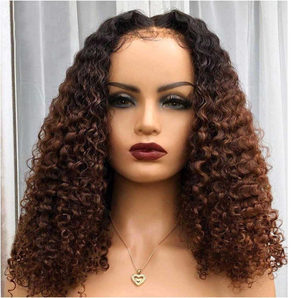 Ombre Brown Kinky Curly Human Hair Lace Front Wig - 13x6 Transparent Lace Frontal with Pre-Plucked Hairline & Bleached Knots | 150% Density Brazilian Remy Hair | 16 Inch Length for Natural Look - Perfect for Daily Wear, Cosplay & Special Occasions