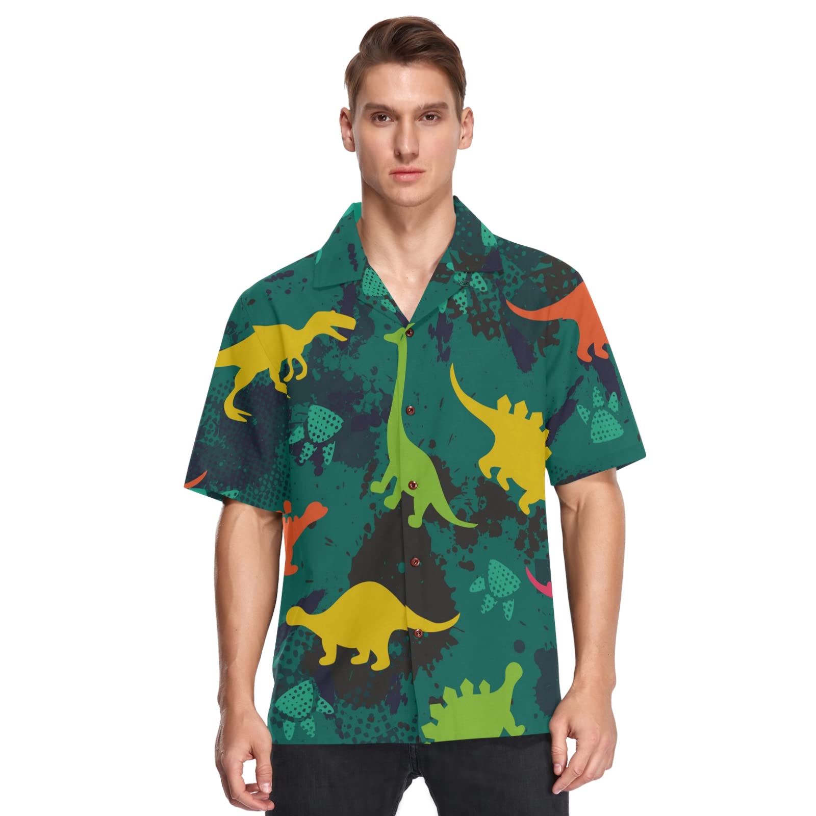 Dinosaur Print Men's Casual Button Down Hawaiian Shirts - Short Sleeve Summer Beach Shirts for Men, S (2045152) - Perfect for Vacation, Luau Parties & Tropical Getaways