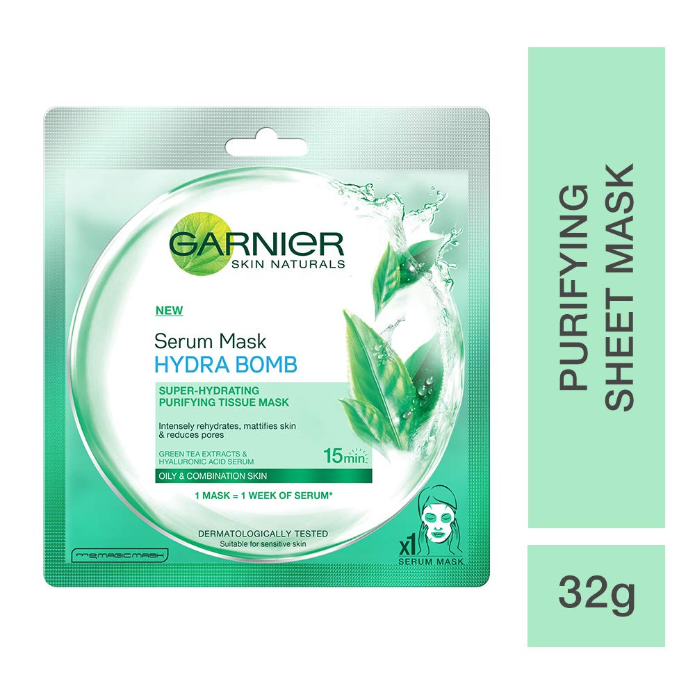 Garnier Skin Naturals Green Tea & Hydra Bomb Face Serum Sheet Mask Set - 32g Each (Green Tea & Hyaluronic Acid) for Hydration & Brightening | At-Home Spa & Self-Care Skincare Routine