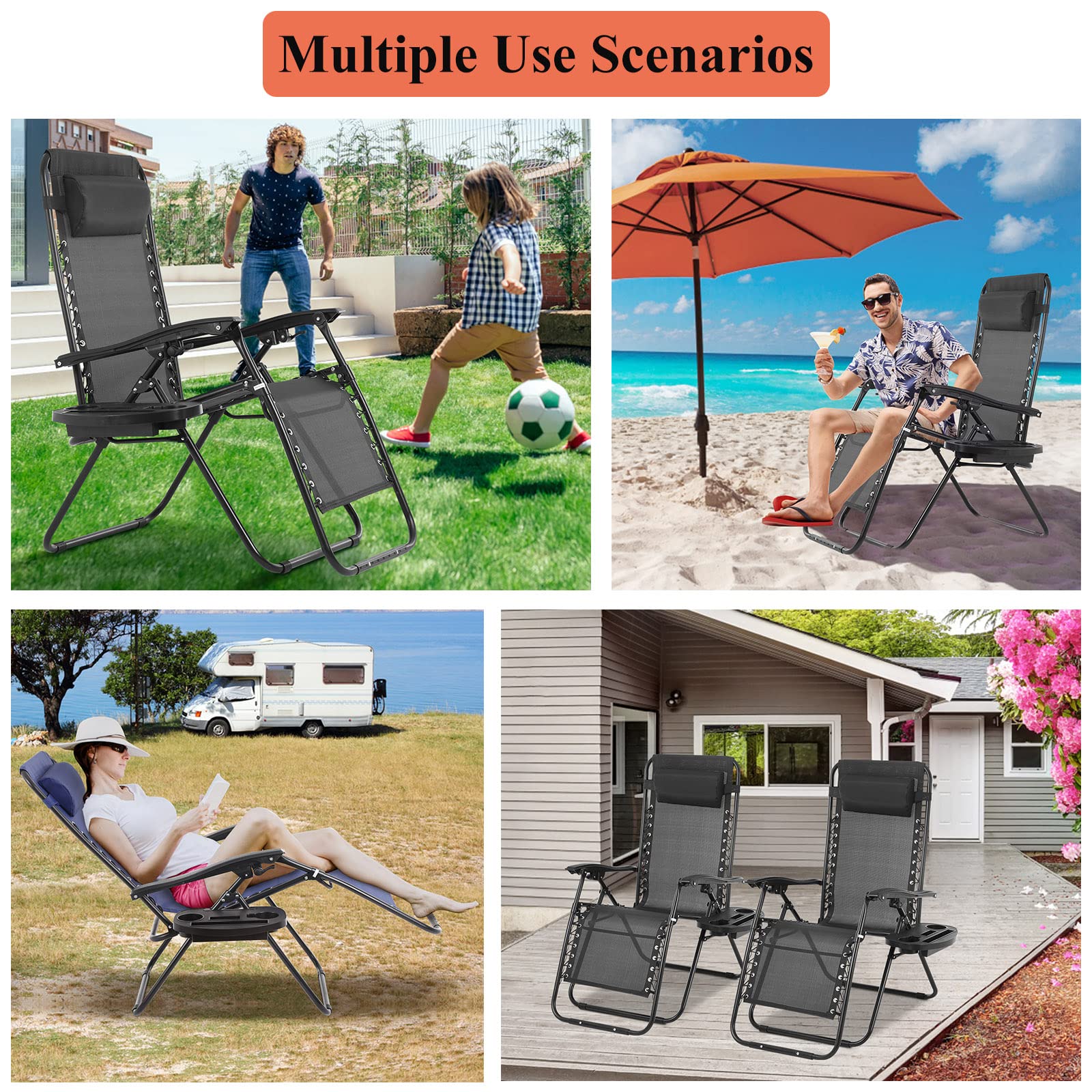 Premium Zero Gravity Reclining Chair with Pillow & Cup Holder - Adjustable Folding Outdoor Lounge Chair for Patio, Poolside, Camping & Backyard Relaxation - Breathable Mesh Fabric & Durable Steel Frame - Black