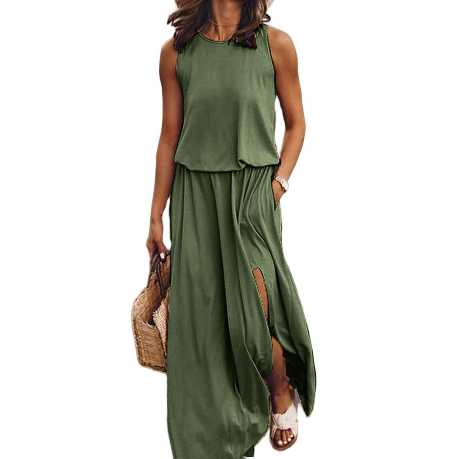 Women's Fake Two-Piece Maxi Dress - Round Neck Solid/Gradient/Printed Tank Dress with Slit | Casual Summer Beachwear, Boho Chic Outfit for Vacations & Outdoor Events (Army Green)