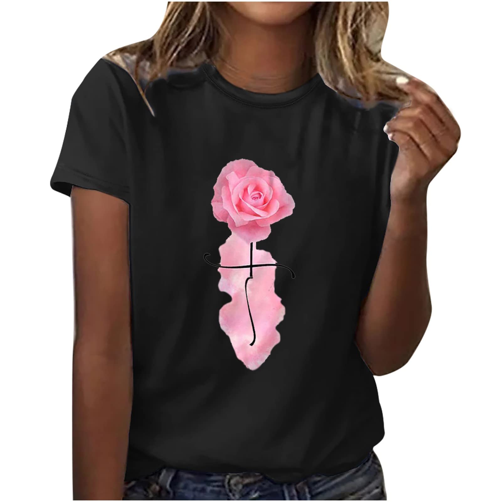 Women's Summer Short Sleeve T-Shirt - Casual Loose Fit Floral Print Baggy Round Neck Tee - Perfect for Beach, Vacation & Everyday Wear