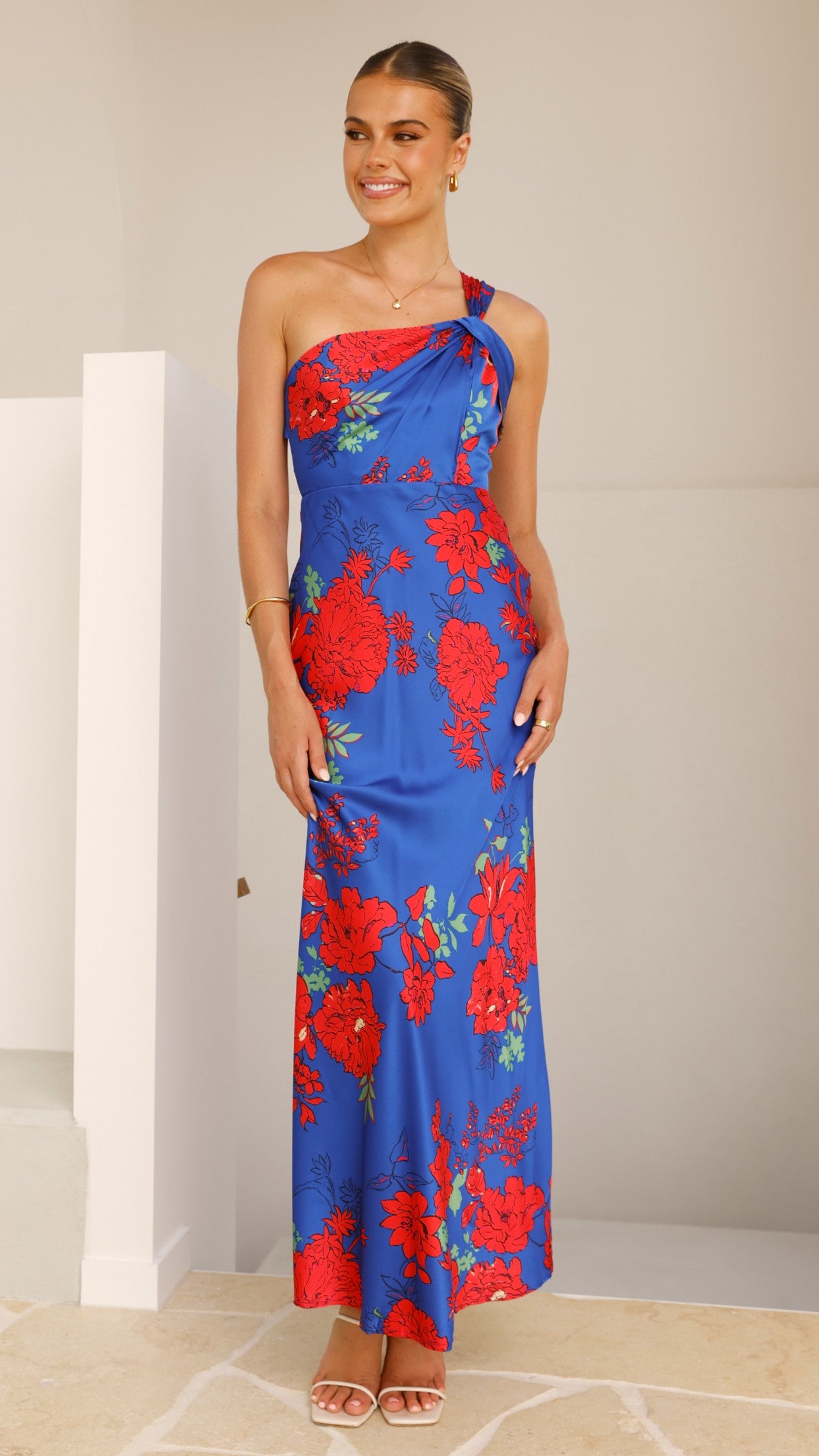 Leah Maxi Dress - Blue & Red Floral Print Women's Summer Dress for Beach, Vacation & Casual Wear