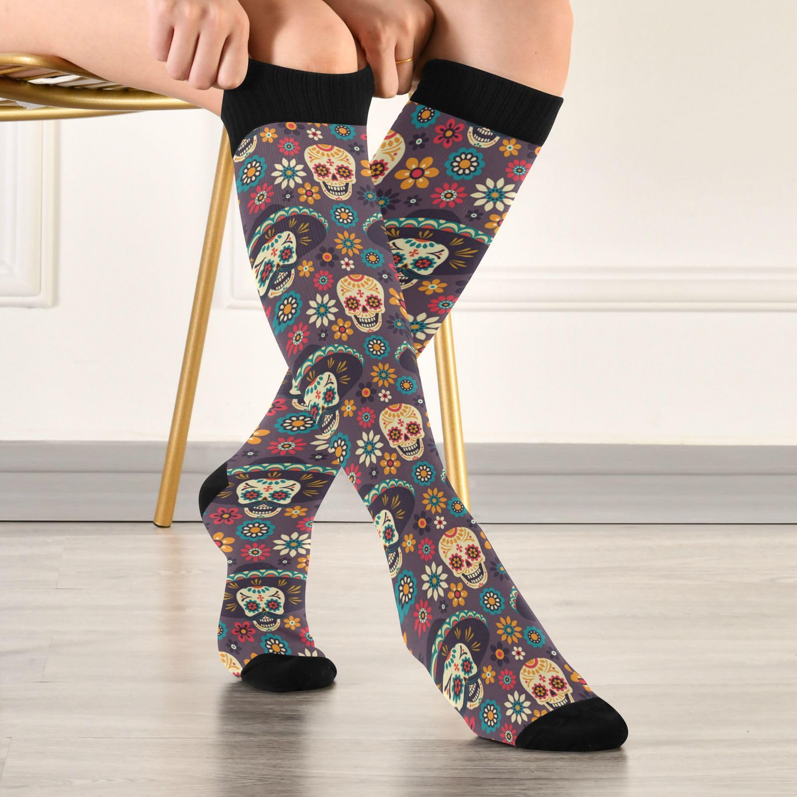 JUNZAN Sugar Skulls Knee High Compression Socks for Men & Kids - Running, Sports & Nurse Socks (One Size Fits Most) - Perfect for Halloween, Workouts & Medical Professionals