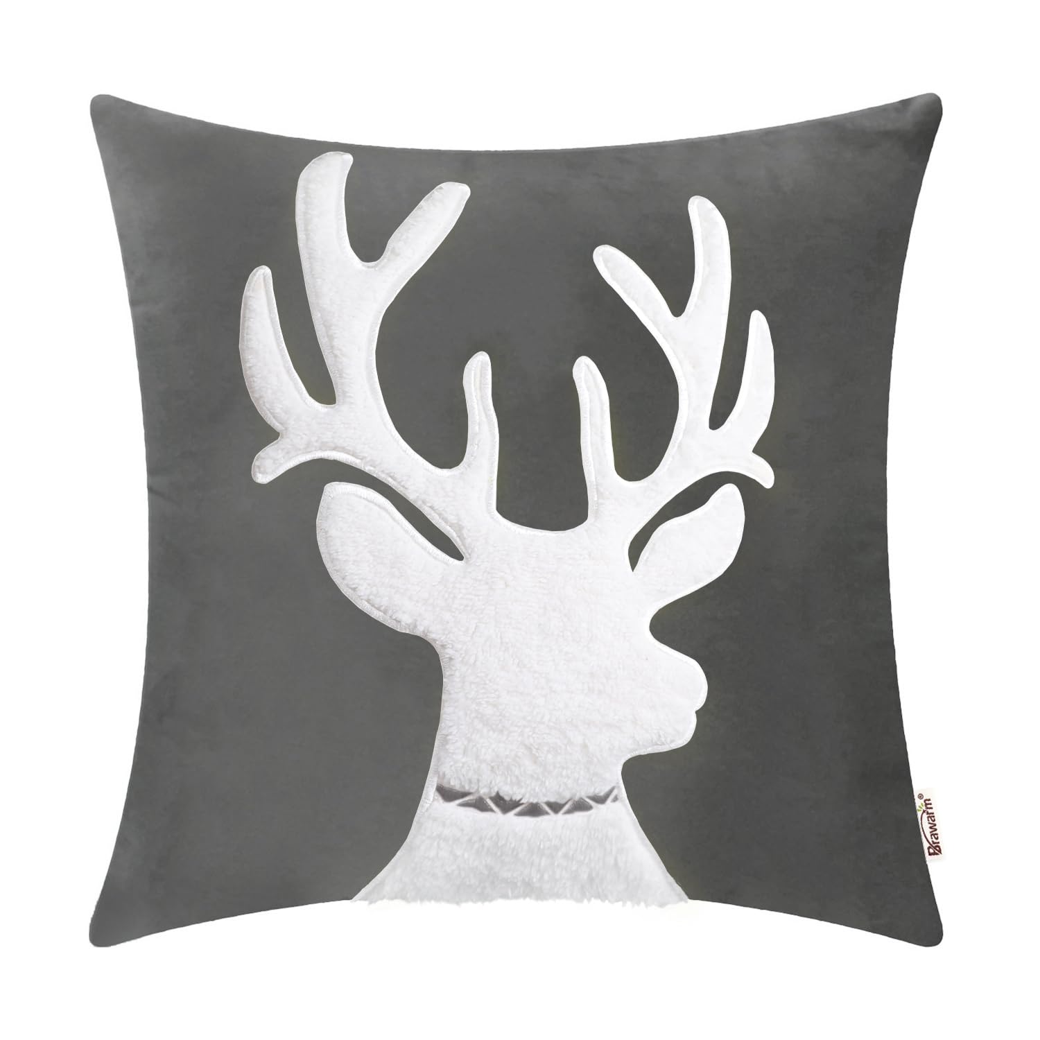 BRAWARM 18x18 Inch Gray Reindeer Embroidered Christmas Pillow Cover - Soft Velvet Decorative Throw Pillow for Couch, Bed, Sofa - Perfect for Holiday Home Decor & Cozy Winter Living Room Accents