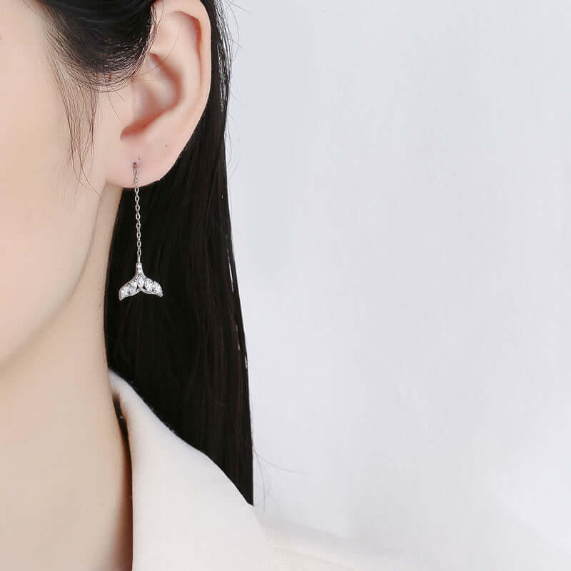 Tiny Mermaid Tail Diamond Threader Earrings - Delicate Silver Dainty Earrings for Women | Perfect for Beach Parties, Mermaid Themed Events & Everyday Wear | A8449