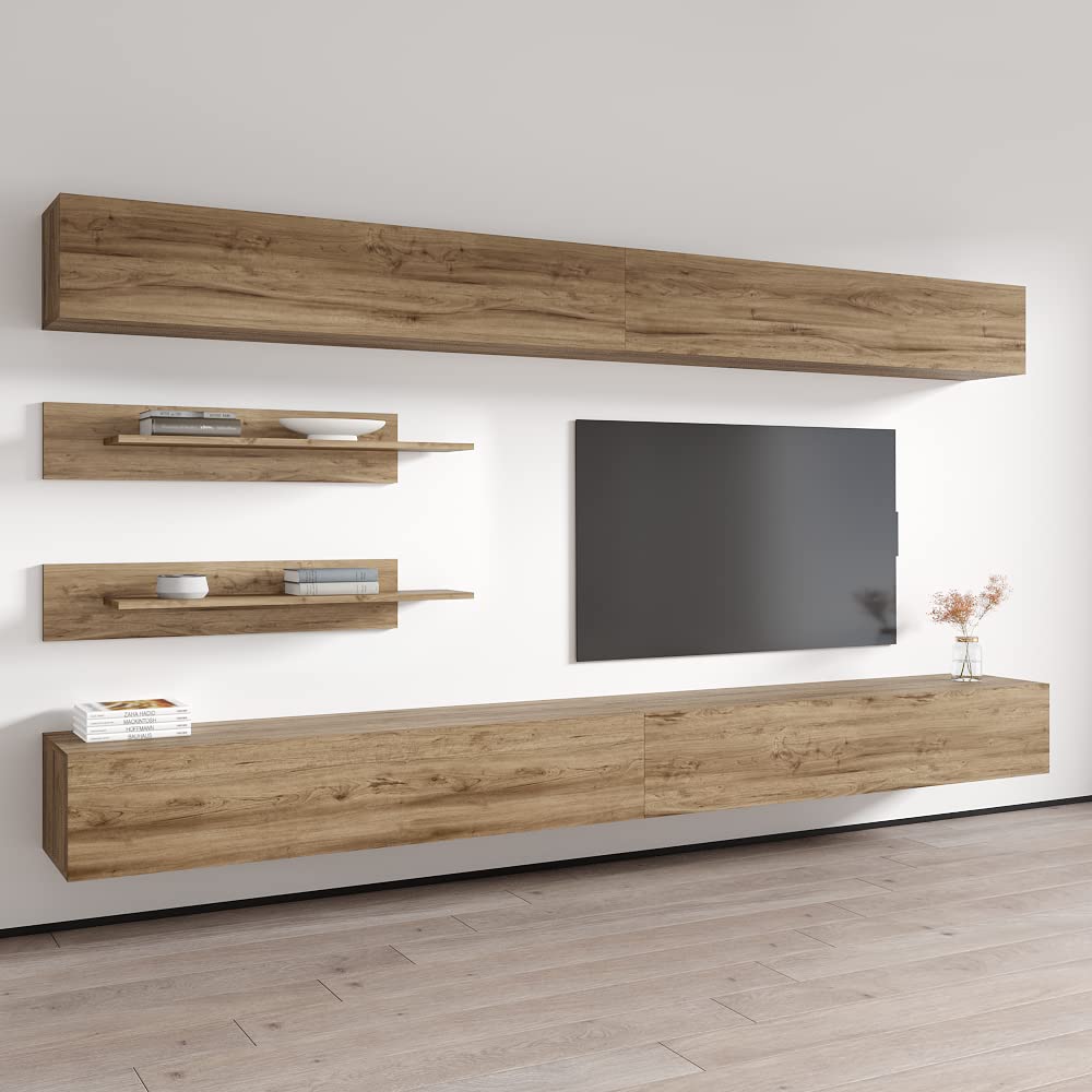 Modern Oak Wall-Mounted TV Stand with Storage Shelves & LED Lights - Floating Entertainment Center Console for Bedroom & Living Room - Perfect for Small Spaces & Home Theater Setup - Meble Furniture Fly I1 30TV Stand