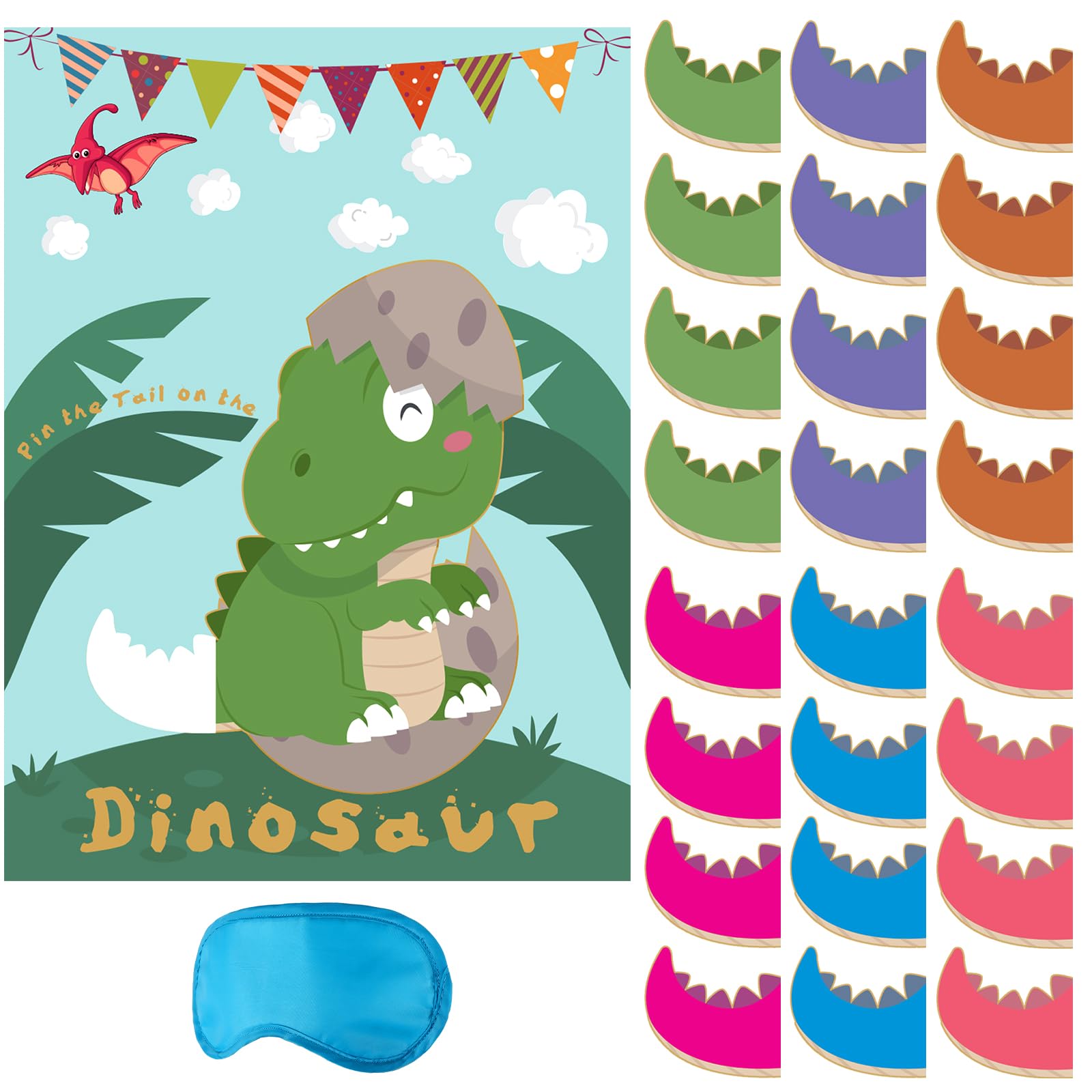 Dinosaur Pin the Tail Party Game - 21'' x 28'' Reusable Kids Birthday Party Game with 24 Tail Stickers | Fun Dinosaur Theme Party Activity for Boys & Girls Birthday Celebrations