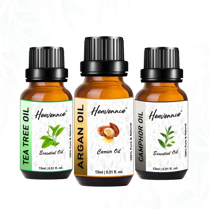 Premium Argan Oil, Camphor Oil & Tea Tree Oil Trio Set - Natural Hair Growth Serum, Skin Moisturizer & Anti-Aging Treatment | Aromatherapy Essential Oils for Relaxation & Deodorizing | Perfect for Daily Hair Care, Face Massage & Stress Relief (3-Pack)