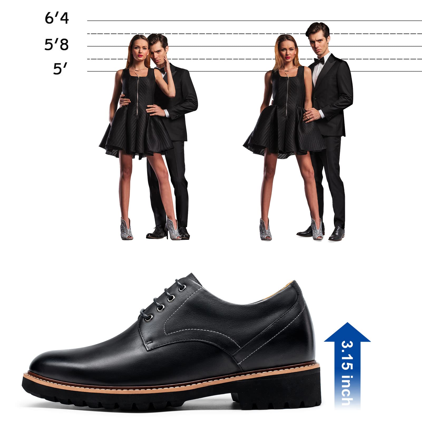 CHAMARIPA Men's Height Increasing Shoes - Leather Lace-up Dress Elevator Shoes (Invisible Lift) for Business, Dating & Formal Occasions