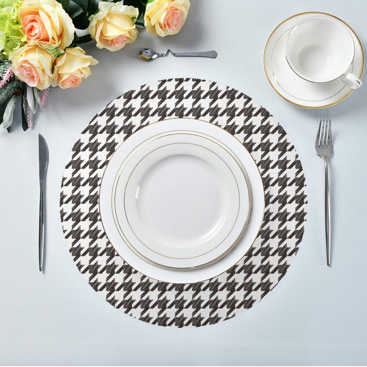 Nander Round Washable Placemats Set of 6 - Black Houndstooth Plaid Polyester Dining Table Mats for Kitchen, Dinner Party & Holiday Decor