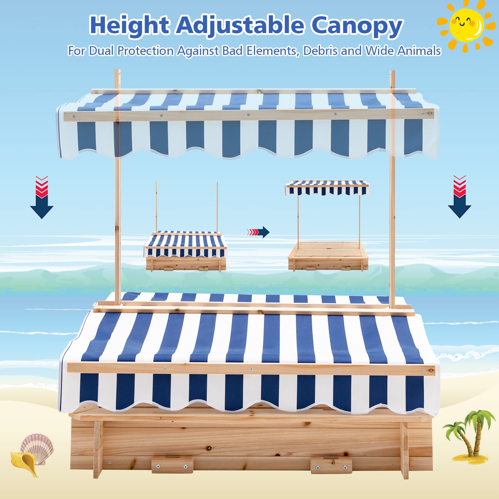 Costzon Kids Wooden Sandbox with Convertible Canopy - Cedar Square Cabana Sandbox with Cover & 2 Bench Seats w/Backrest | Outdoor Playset Sandpit for Toddlers & Children | Perfect for Backyard, Garden, Beach & Outdoor Play Areas