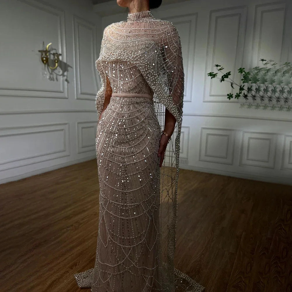 Elegant Green Pearl Evening Gown with Detachable Cape - LA72032 | Luxury Designer Dress for Prom, Gala & Formal Events