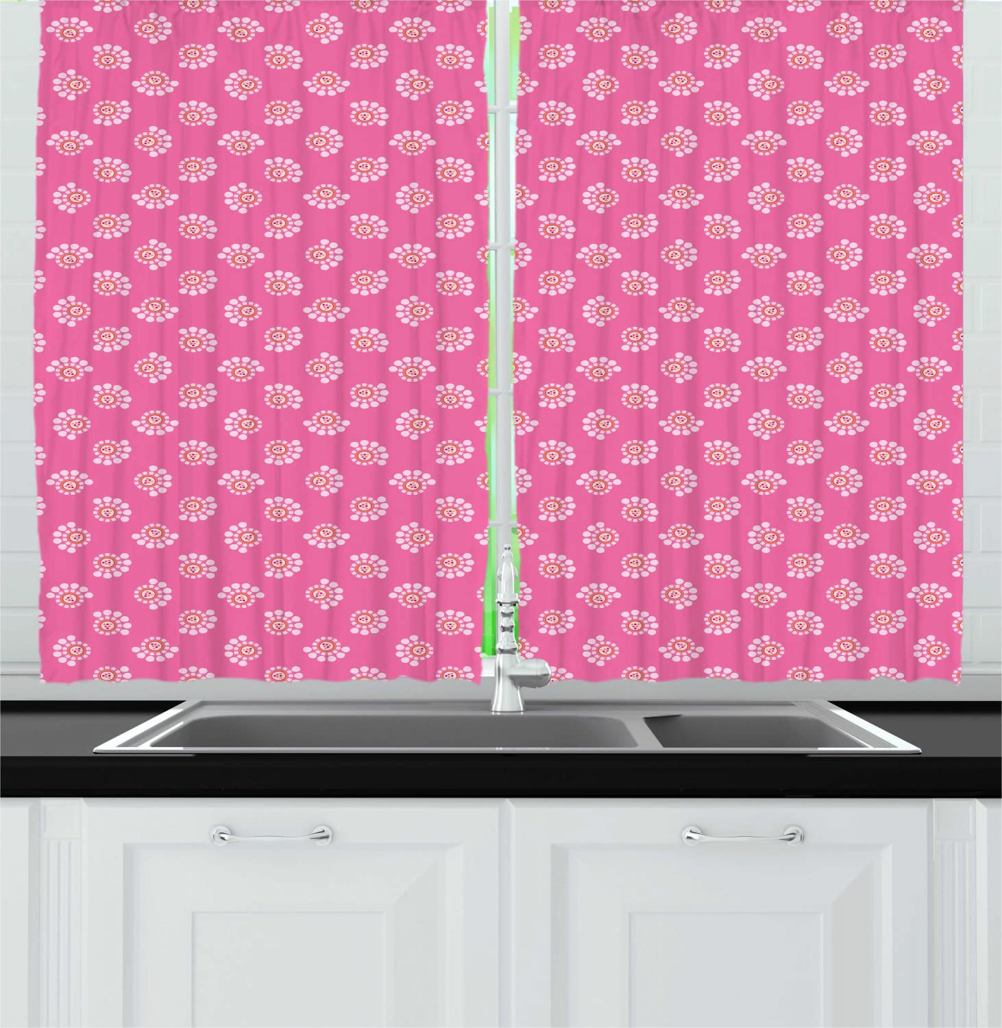 Ambesonne Floral Long Kitchen Curtains - Pastel Geometric Flower Petals Design with Rod Pocket, 55