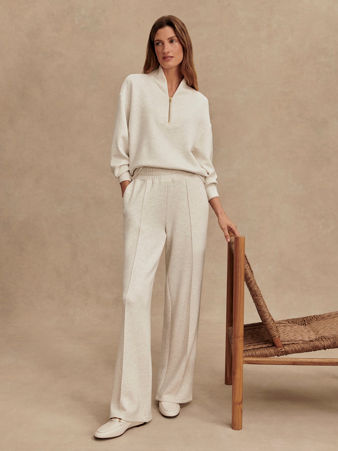 Varley Women's Wide Leg Pants Size 30 in Ivory Marl - Comfortable High Waisted Trousers for Work, Office & Casual Wear