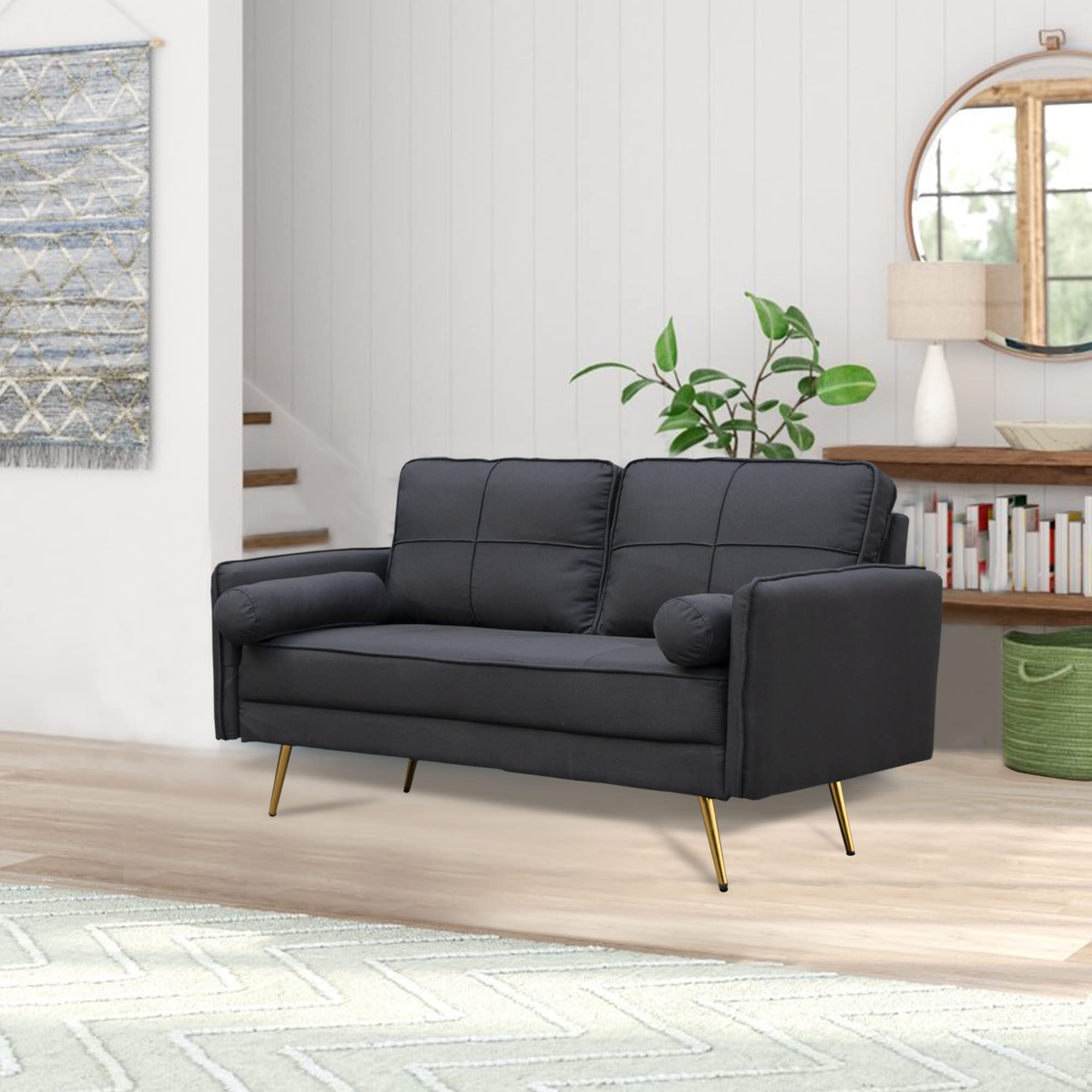 Luxury Velvet Tufted Loveseat Sofa with Bolsters & Metal Legs - Modern Upholstered Couch for Living Room, Bedroom, Apartment | Elegant Home Decor & Small Space Seating Solution