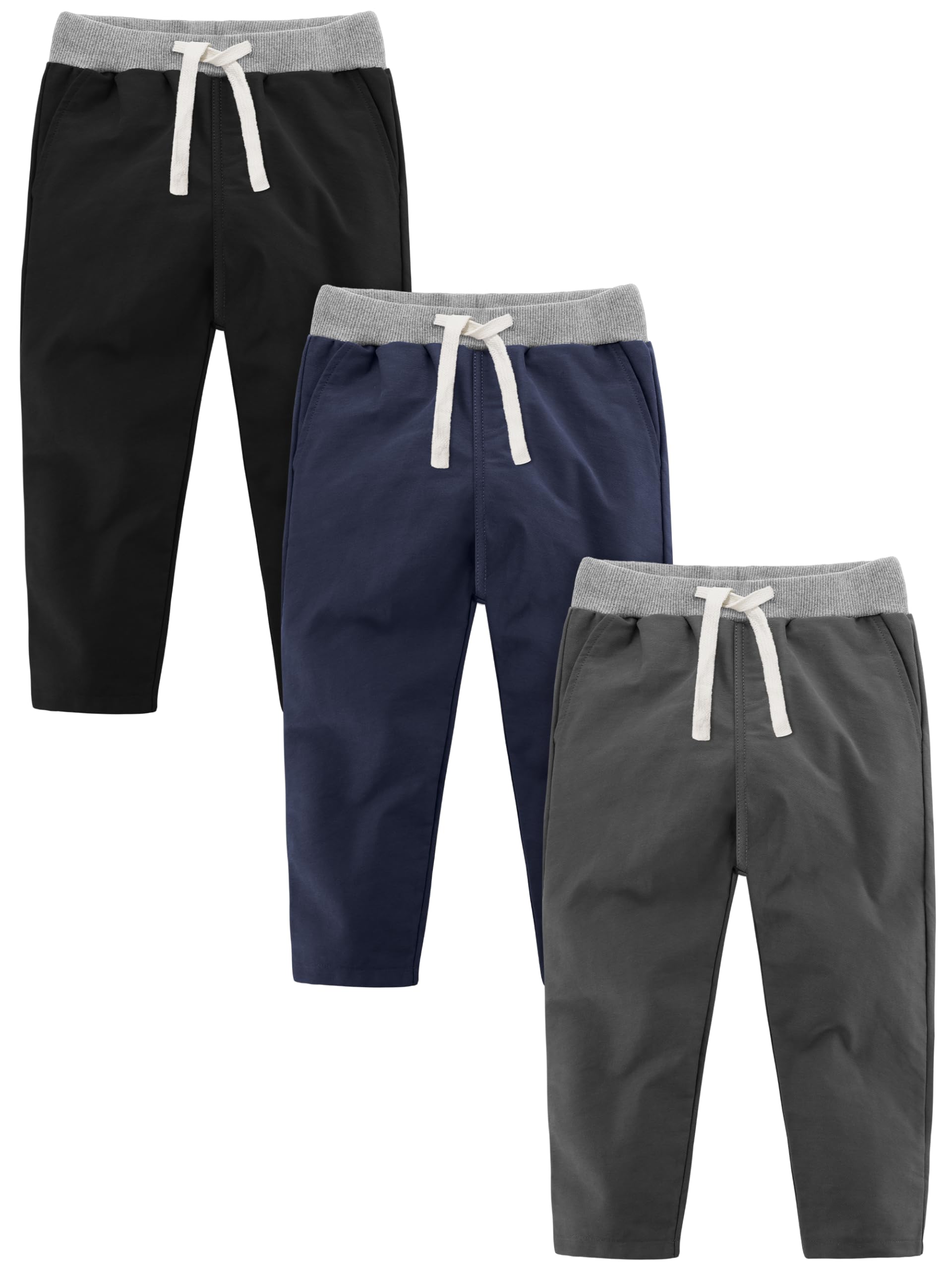Resinta 3-Pack Boys' Cotton Pull-On Pants with Drawstring - Comfortable Uniform Pants for Toddlers & Kids - Perfect for School, Playtime & Everyday Wear